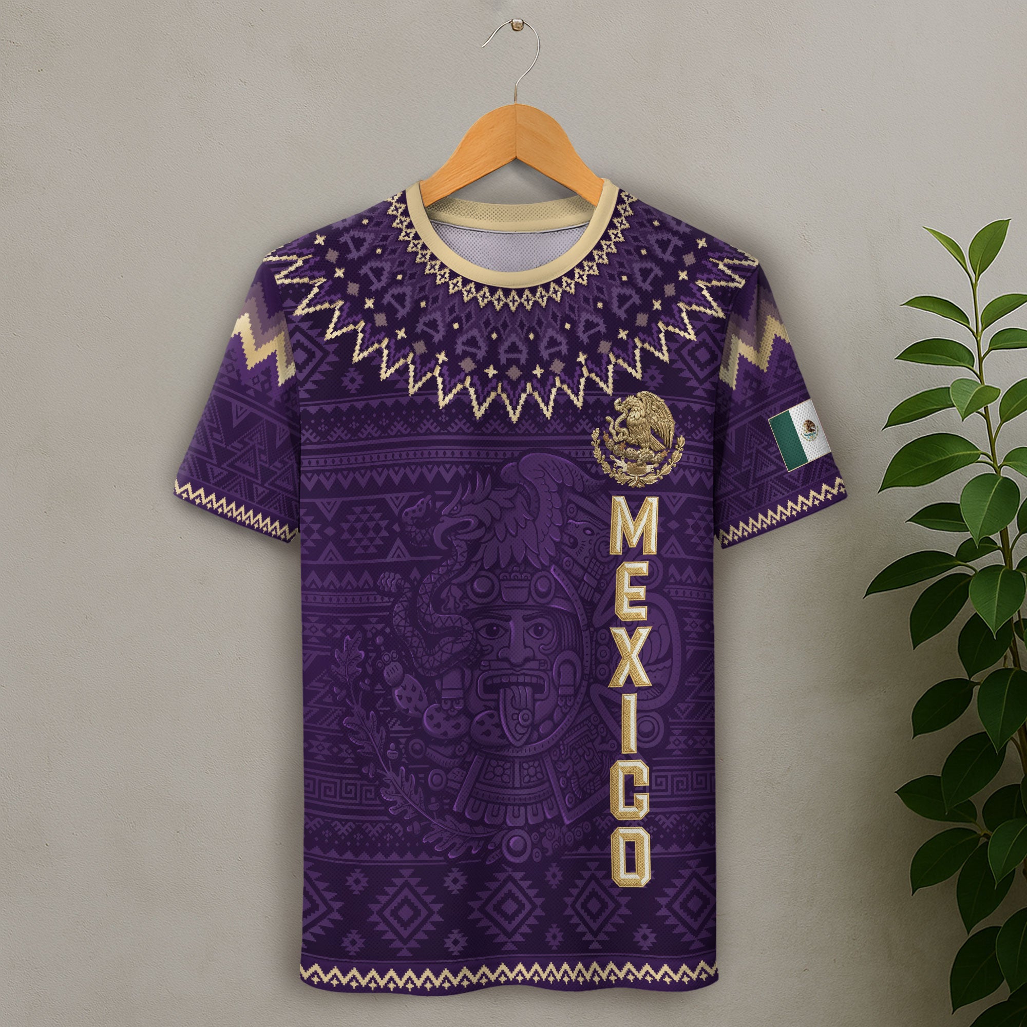 Mexico Heritage Soccer Jersey, Purple Gold Aztec Calendar Design Sports Jersey for Men