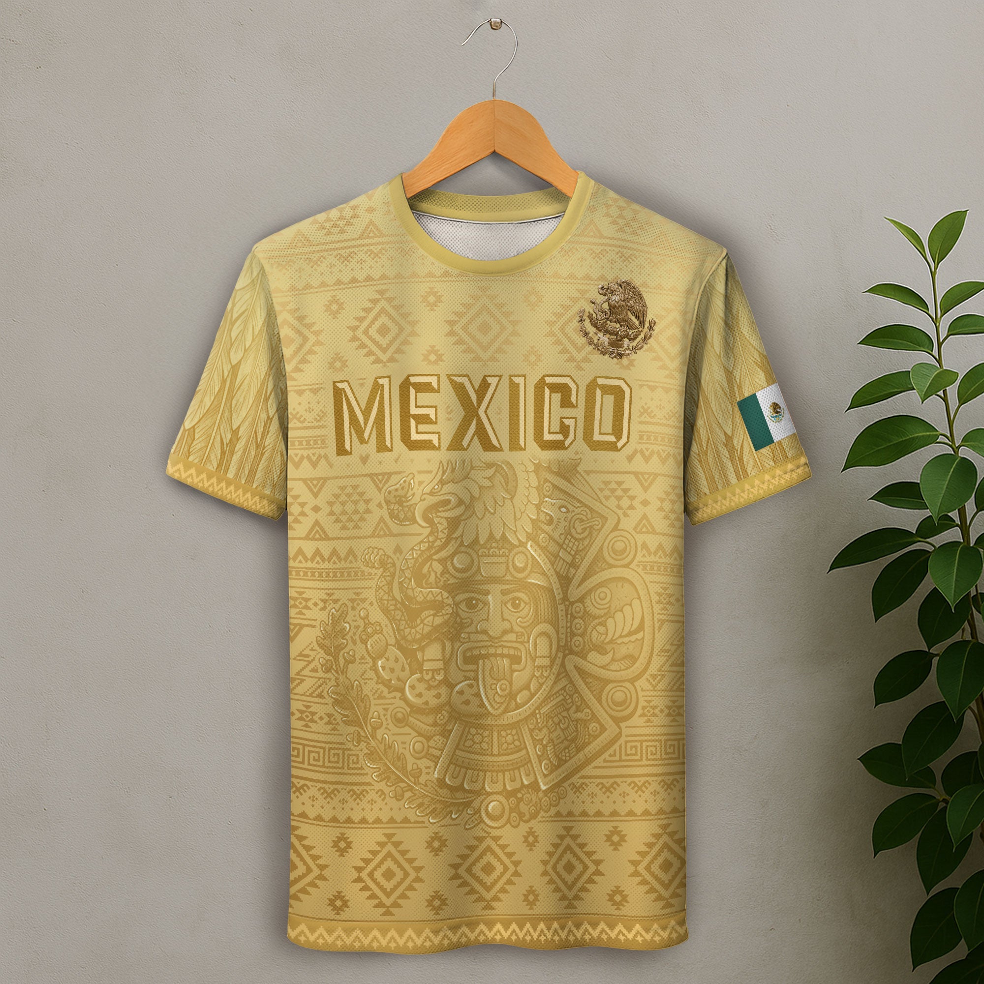 Mexico Heritage Soccer Jersey, Yellow Gold Aztec Calendar Design Sports Jersey for Men