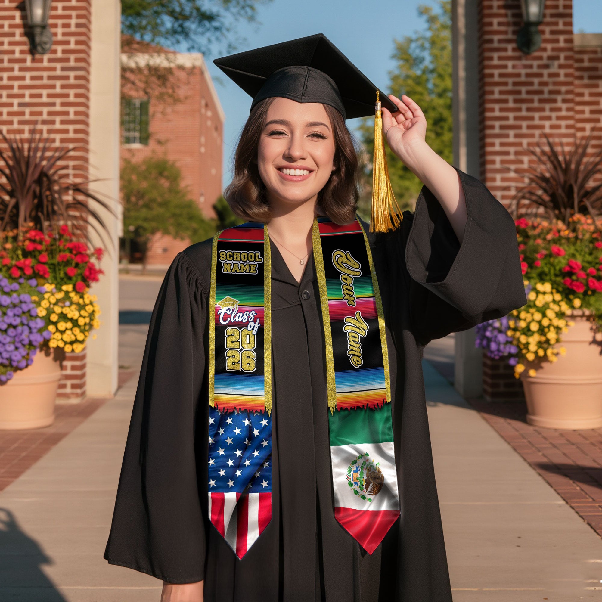 Custom Mexican Graduation Stole 2026 USA Mexico Flag Serape Gold Trim Sash