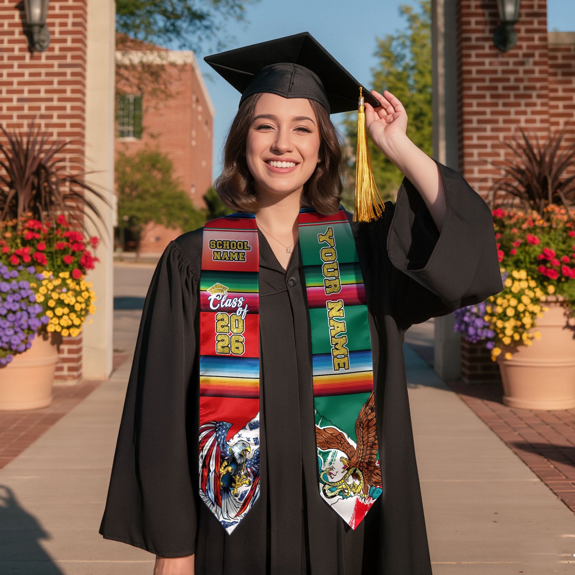 Custom Mexican Graduation Stole 2026 USA Mexico Flag Serape Class Cap Sash