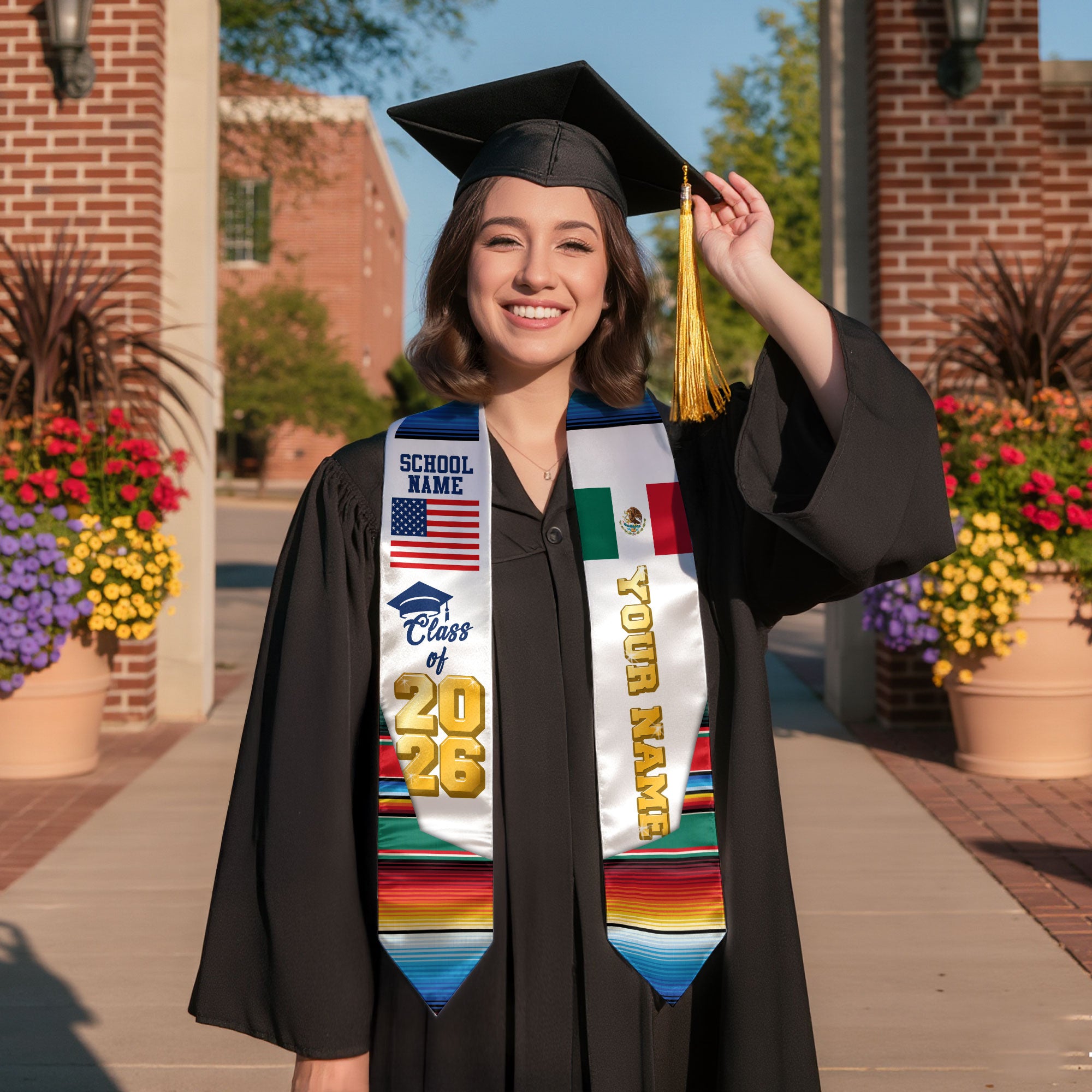Custom Mexican Graduation Stole 2026 Aztec Pattern USA Mexico Flag Sash