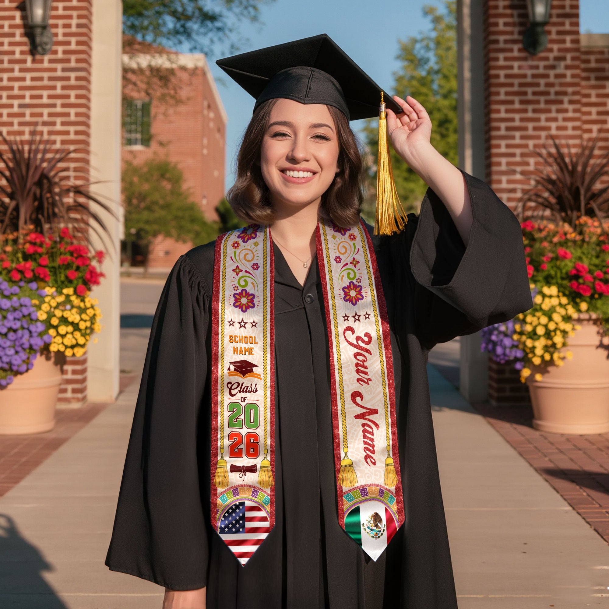 Customizable Mexico Graduation Stole 2026, Mexican Stole, Mexican American Flag Sash