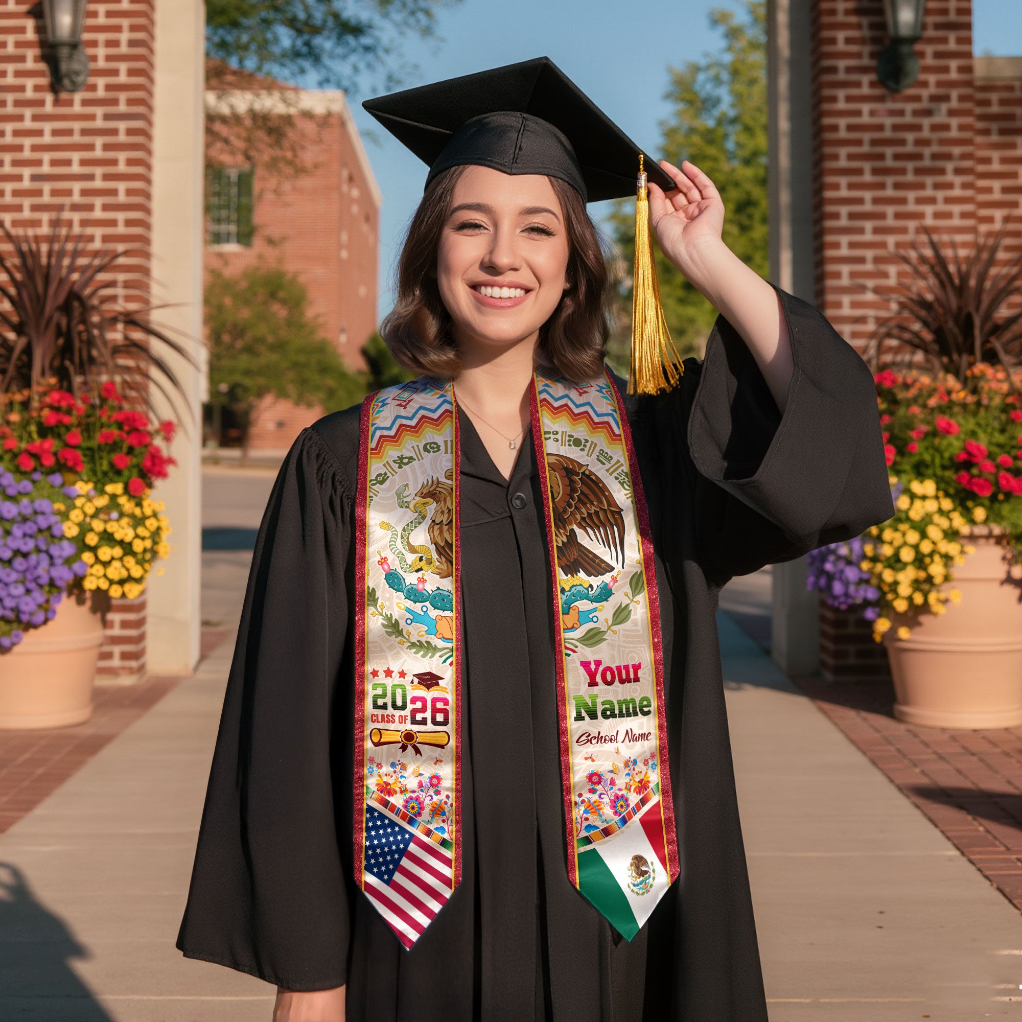 Personalized 2026 Graduation Stole – USA & Mexico Eagle Heritage Senior Sash with Serape Pattern Design
