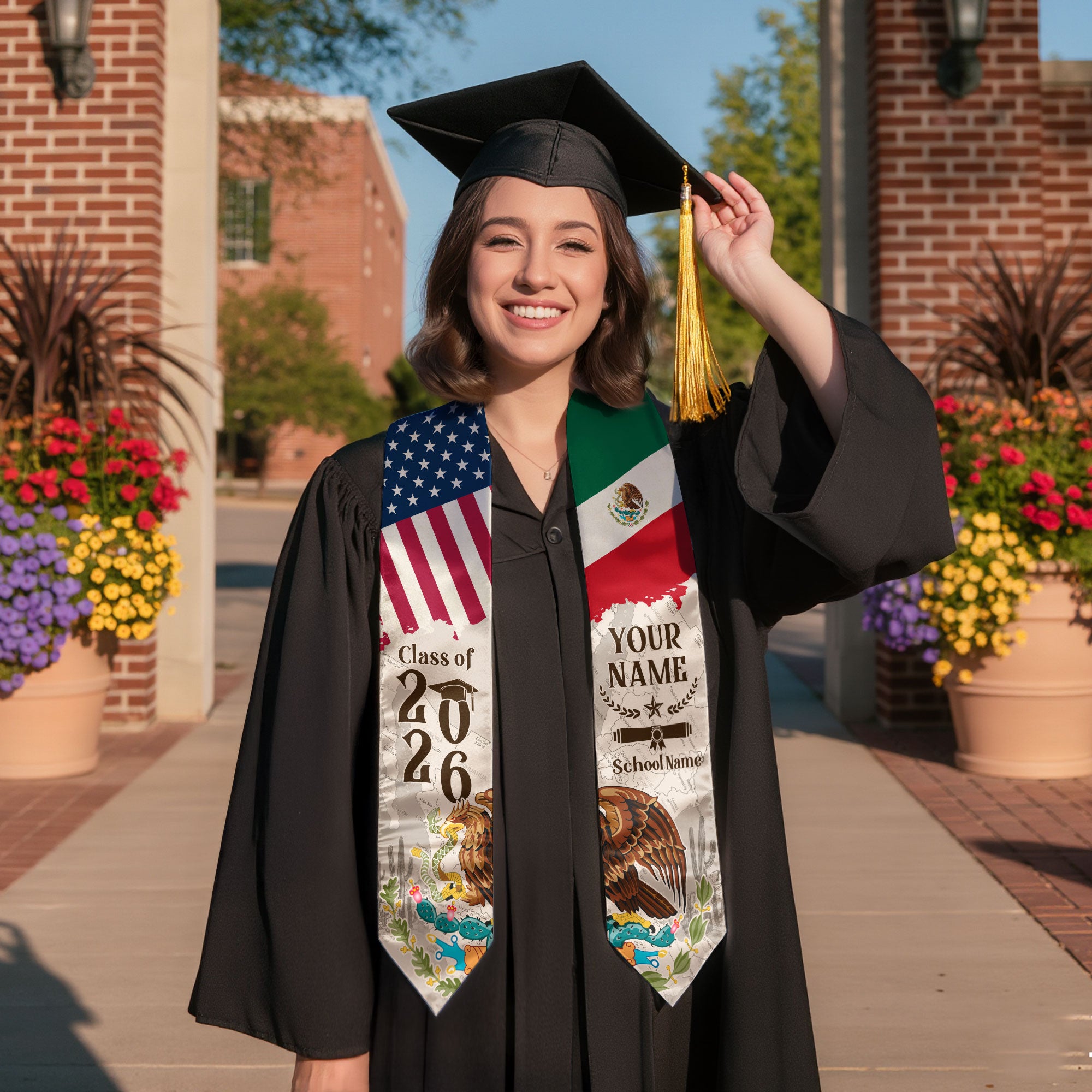 Custom Class of 2026 Graduation Stole – USA & Mexico Flag Senior Sash with Eagle Crest Design