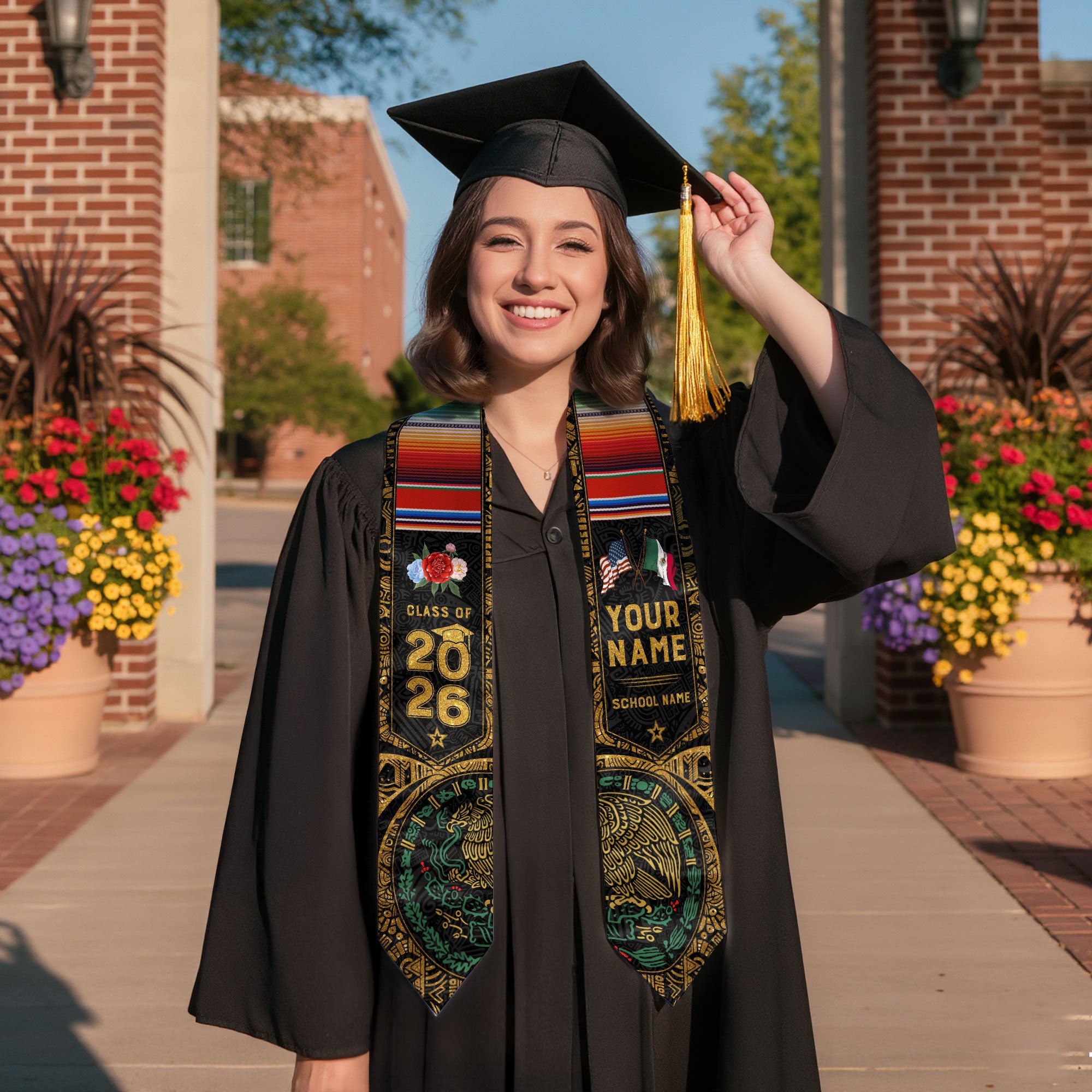 Personalized Class of 2026 Graduation Stole – Black & Gold USA Mexico Heritage Senior Sash with Serape Accent