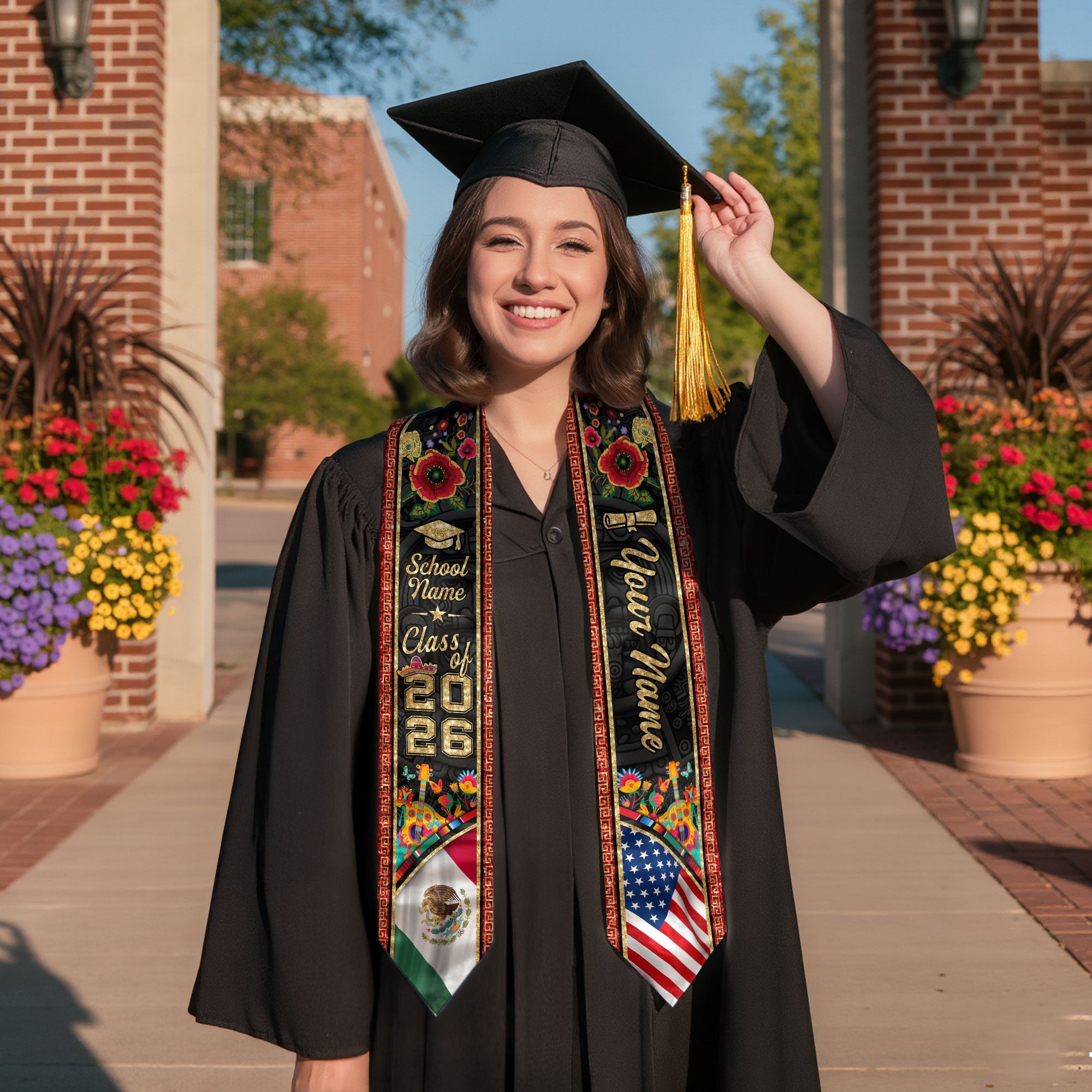 Personalized 2026 Graduation Stole – Mexican & American Heritage Senior Sash with Red Floral Gold Detail