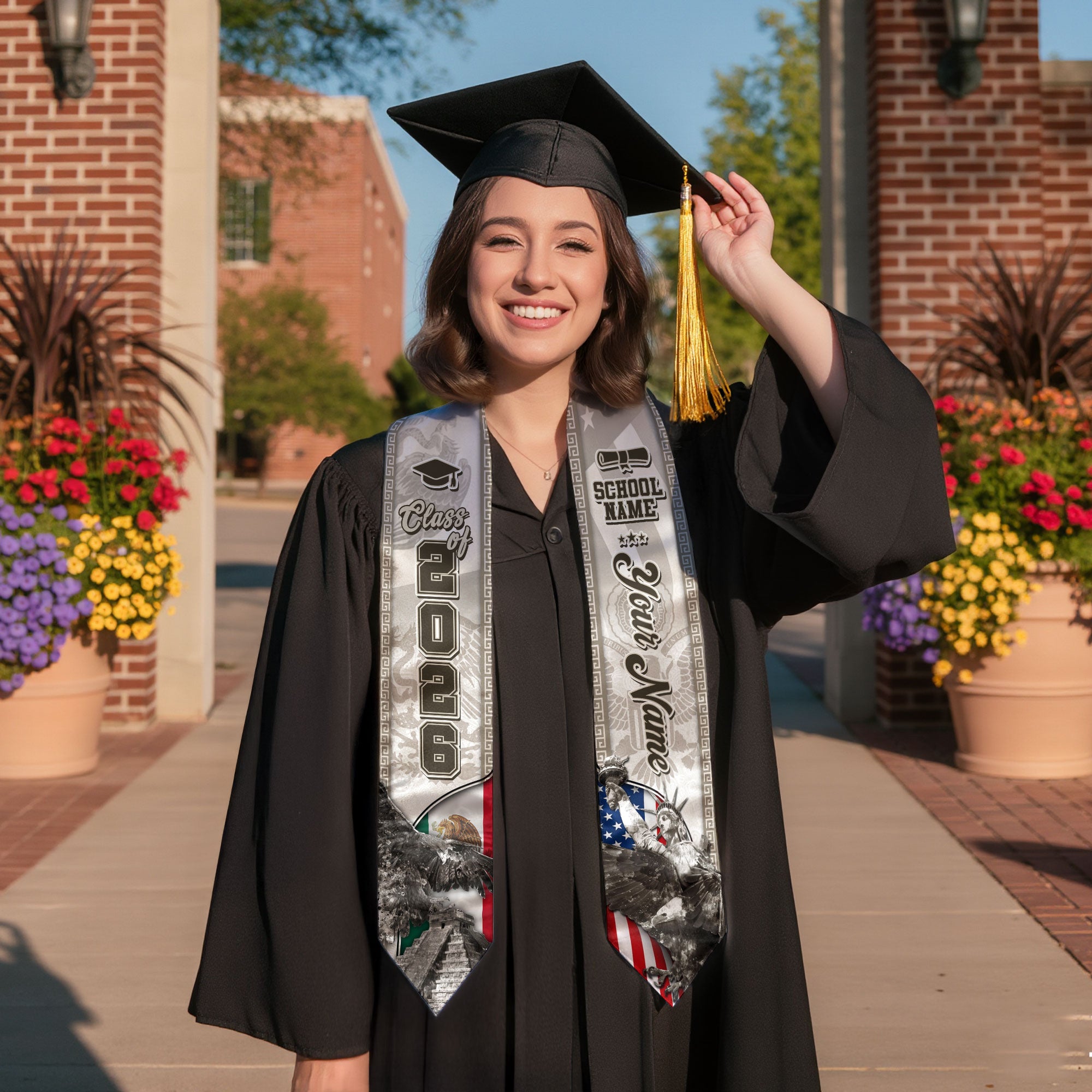 Class of 2026 Silver Graduation Stole – USA & Mexico Pride Senior Sash with Eagle & Statue Design