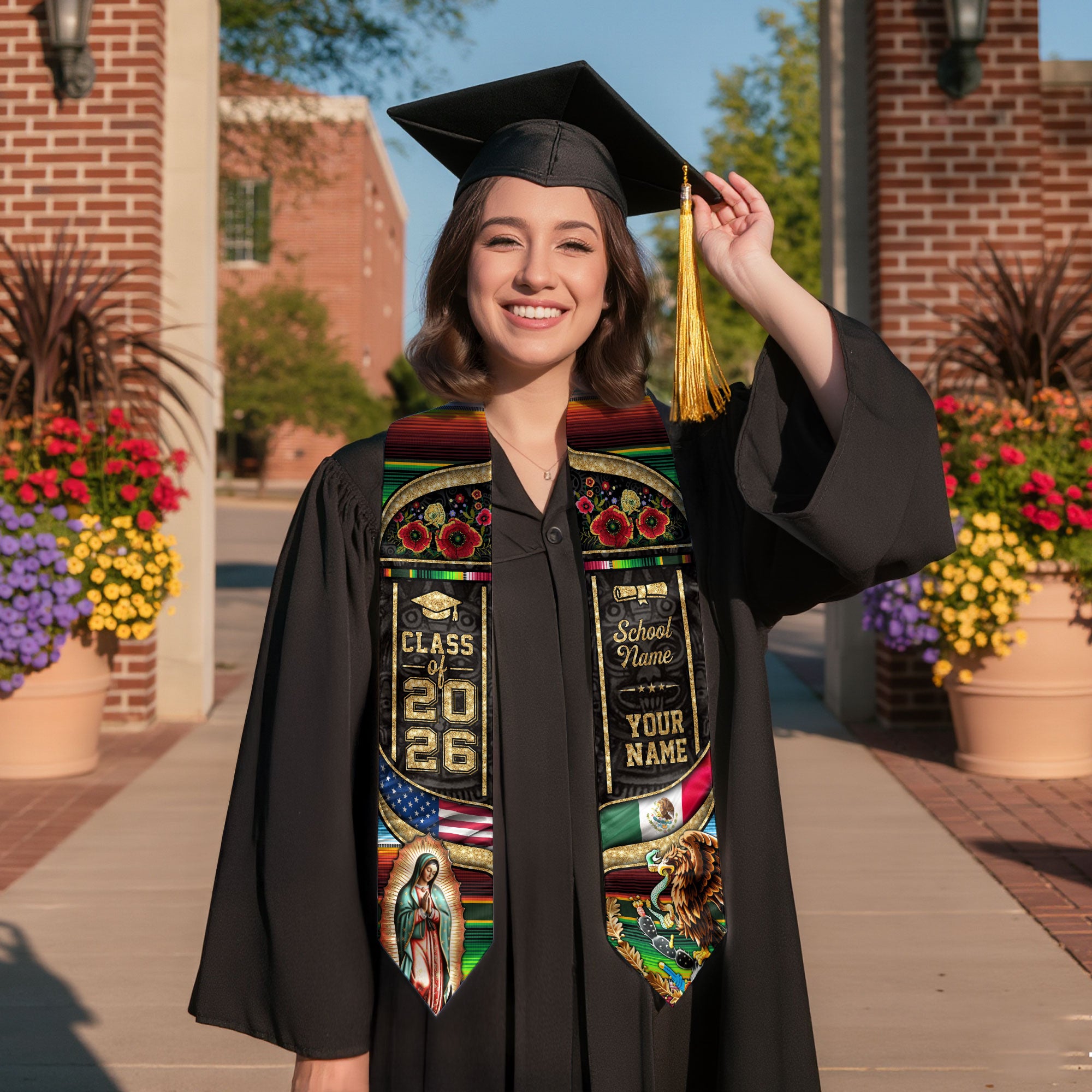 Virgen de Guadalupe 2026 Graduation Stole – Personalized USA & Mexico Heritage Senior Sash with Eagle & Serape Design