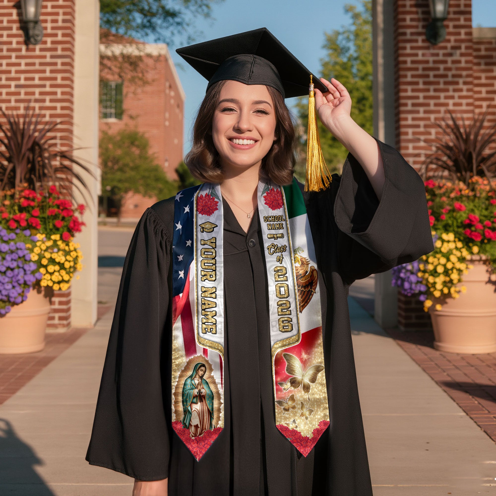 Custom Class of 2026 Graduation Stole – Virgen de Guadalupe USA & Mexico Senior Sash with Gold Butterfly Design