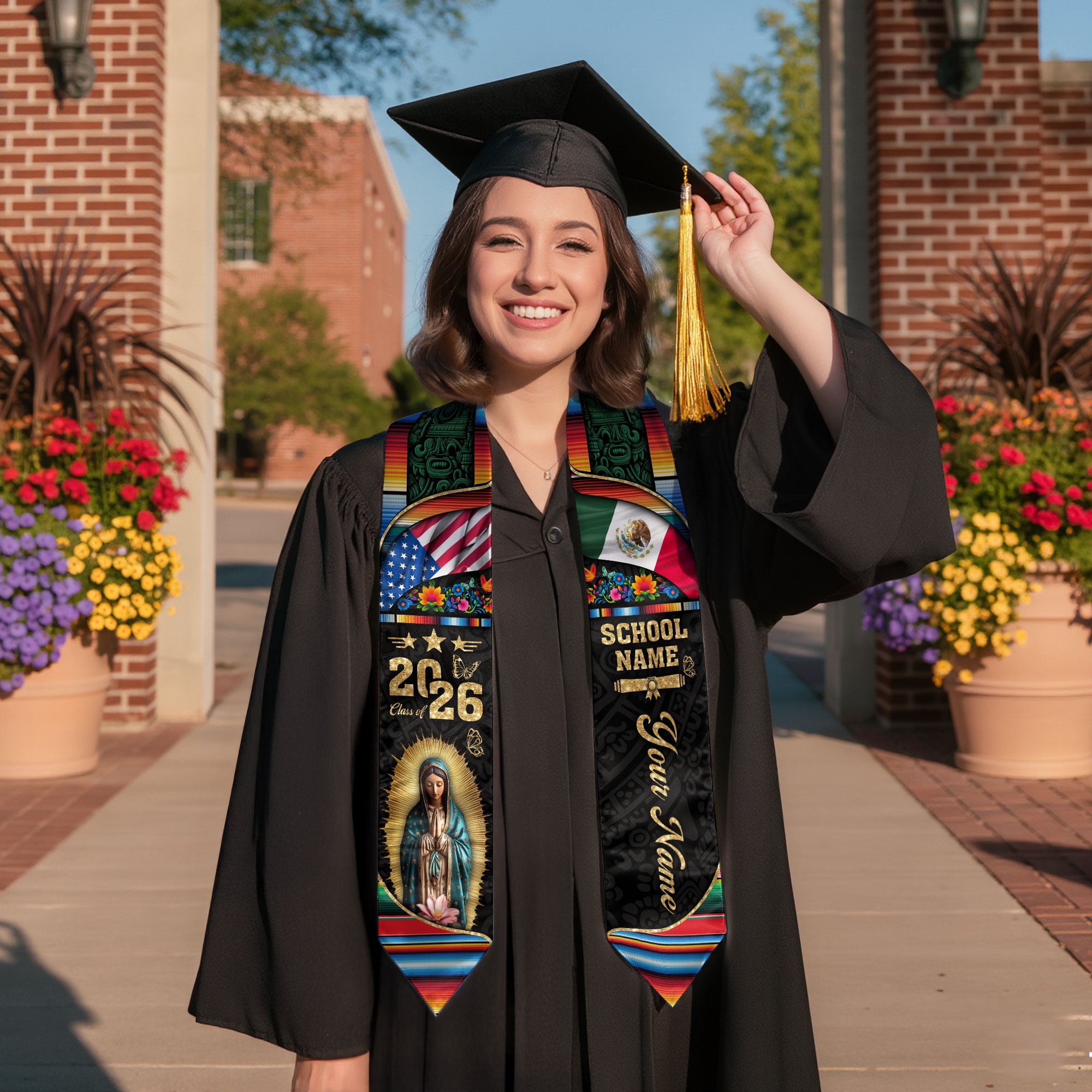 Custom Virgen de Guadalupe Class of 2026 Graduation Stole – USA & Mexico Flag Personalized Senior Sash