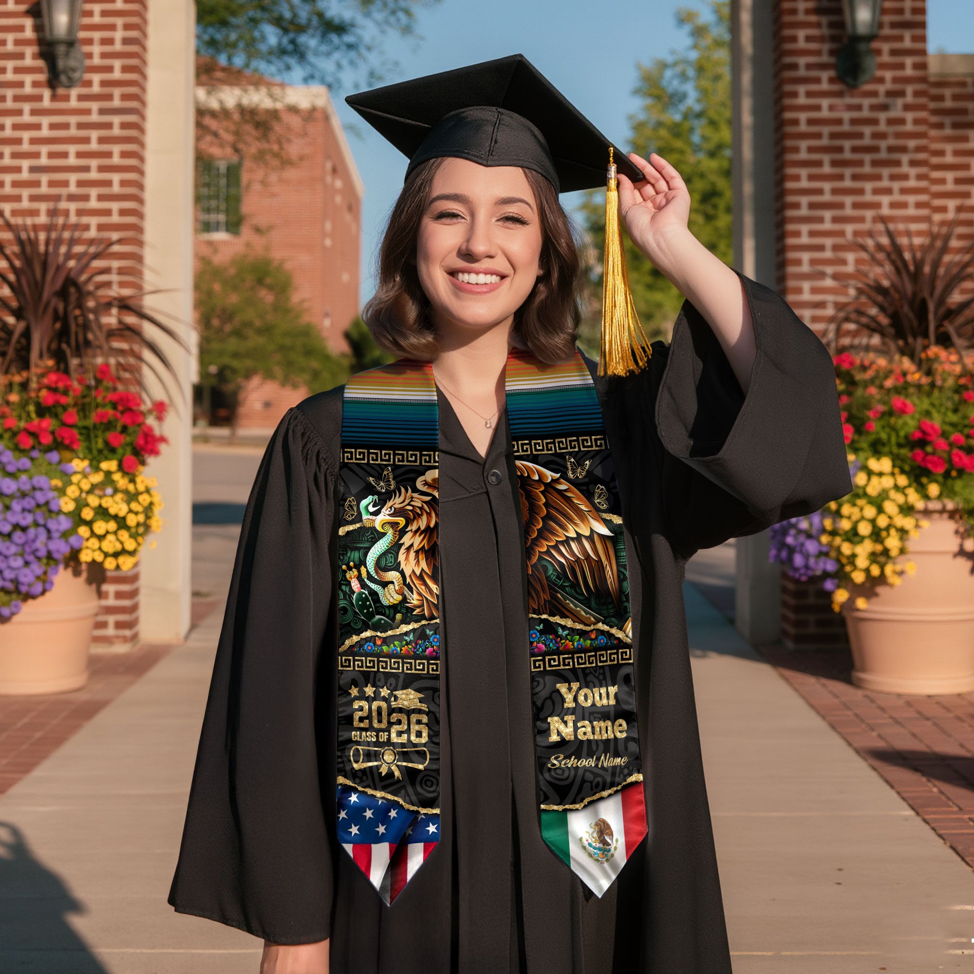 Custom Aztec Eagle Class of 2026 Graduation Stole – USA & Mexico Flag Personalized Senior Sash
