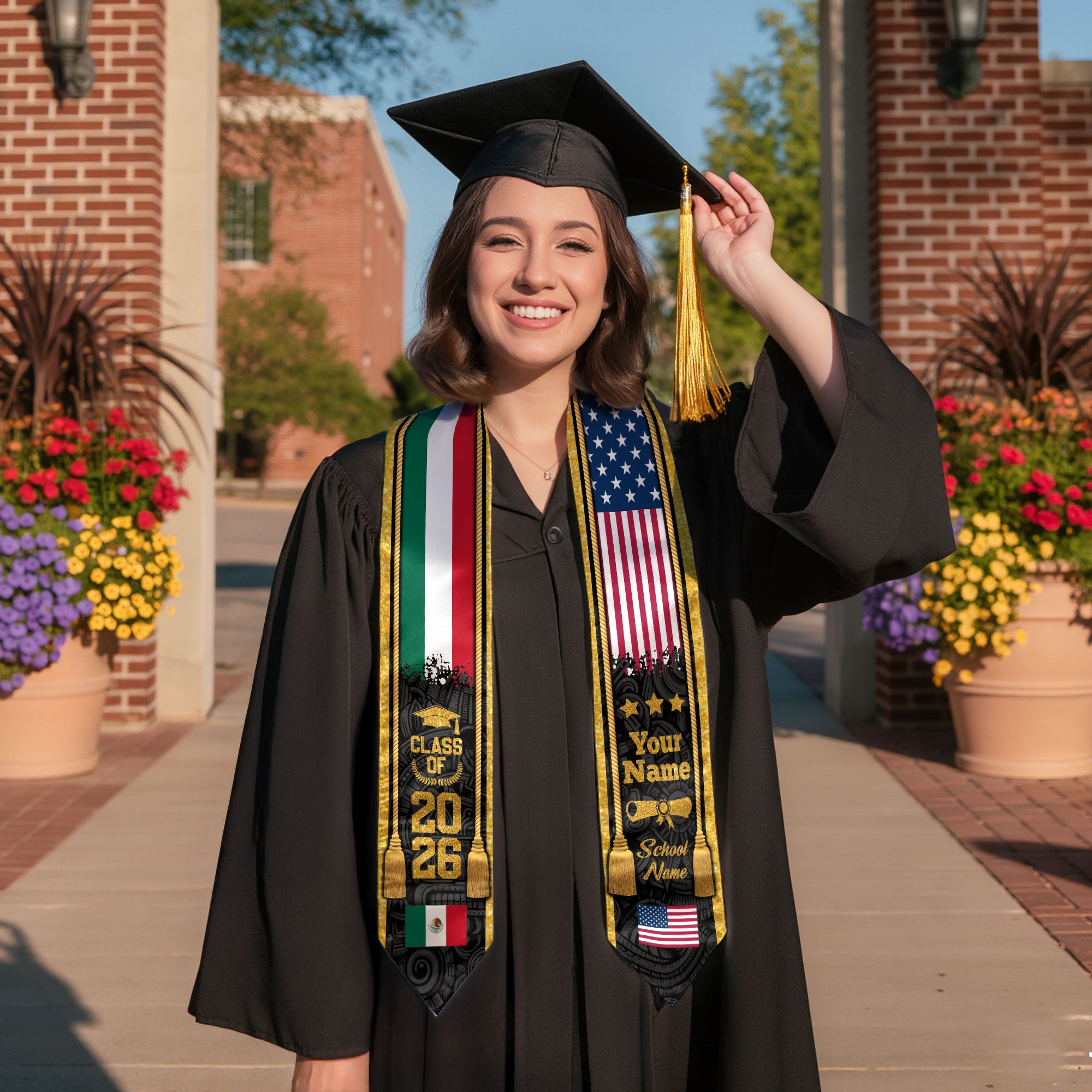 Custom USA & Mexico Flag Graduation Stole 2026 – Personalized Class of 2026 Senior Sash with Gold Tassel Design