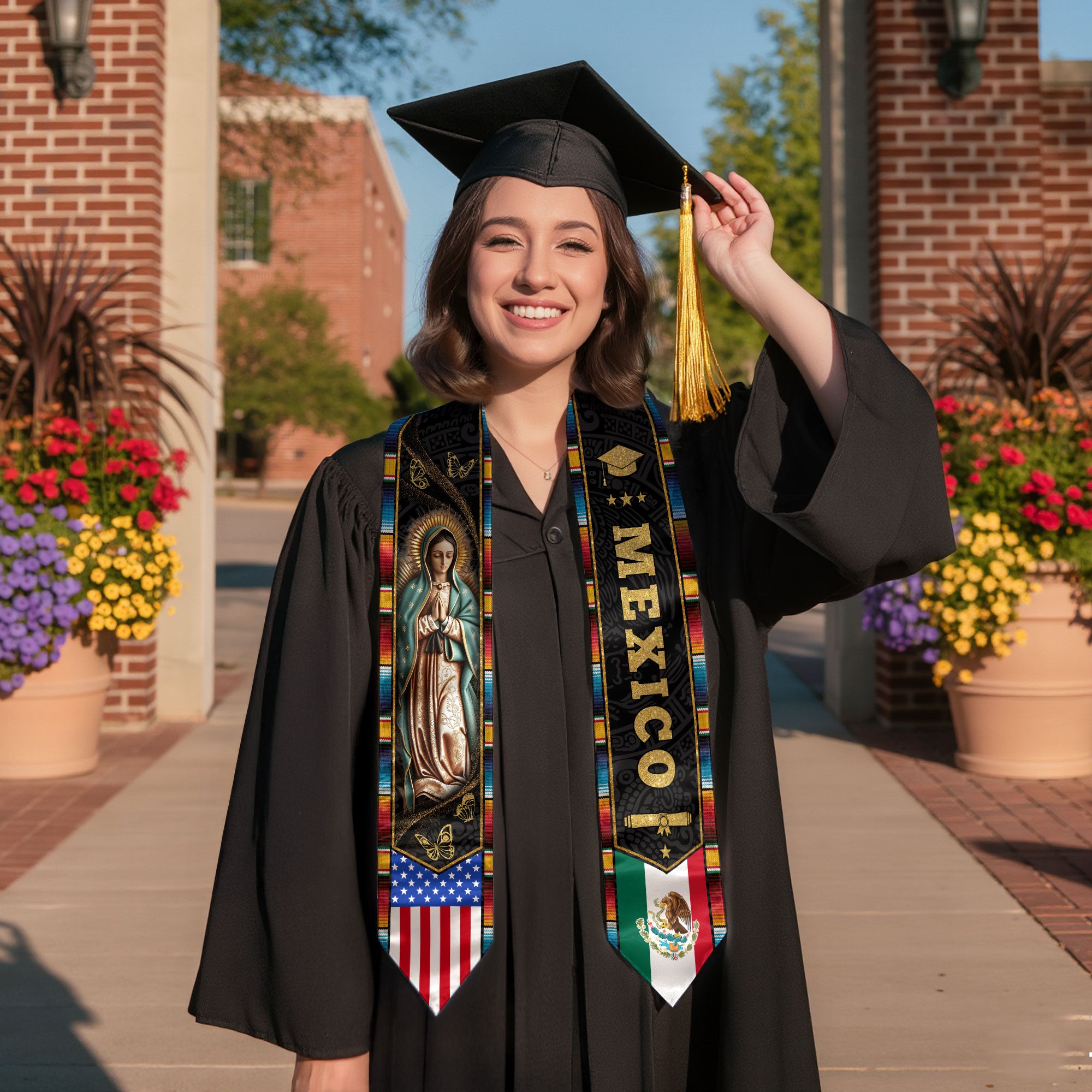Mexican Graduation Stole Mexico USA Flag Aztec Virgin Mary Butterfly 2026
