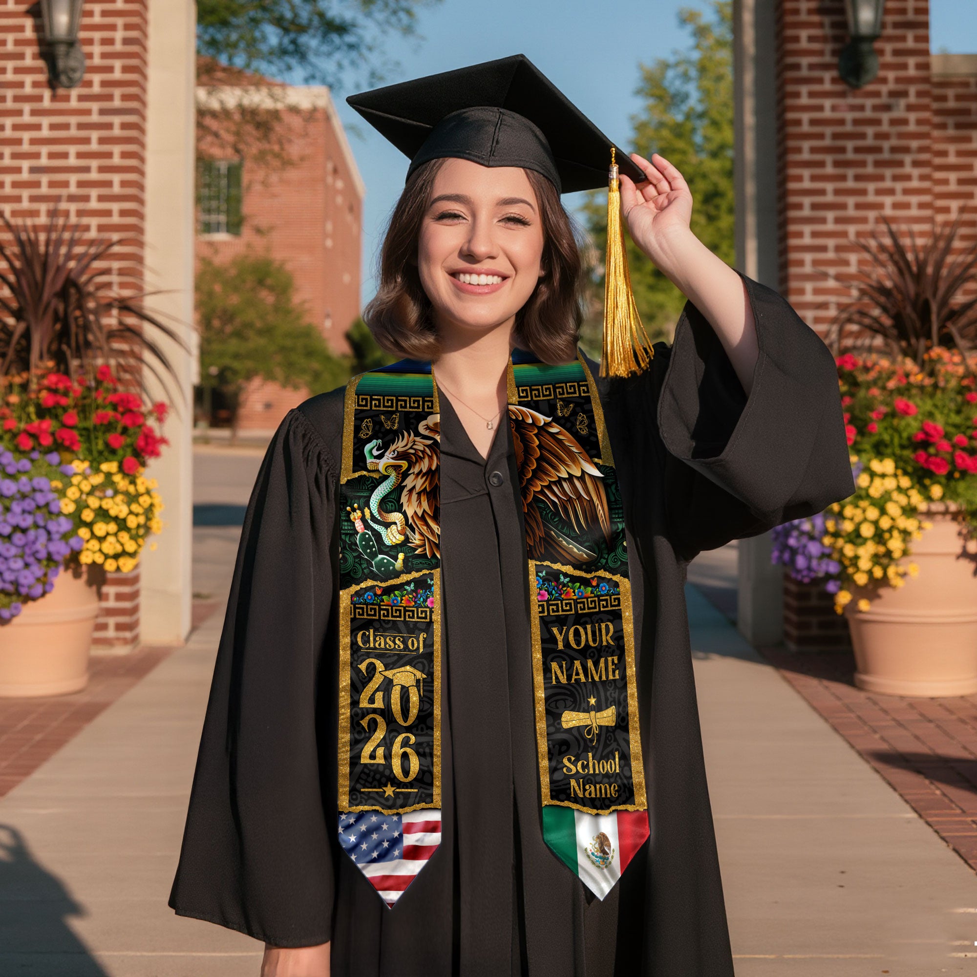 Custom Mexican Graduation Stole Mexico USA Flag Aztec Eagle Serape Gold Class 2026