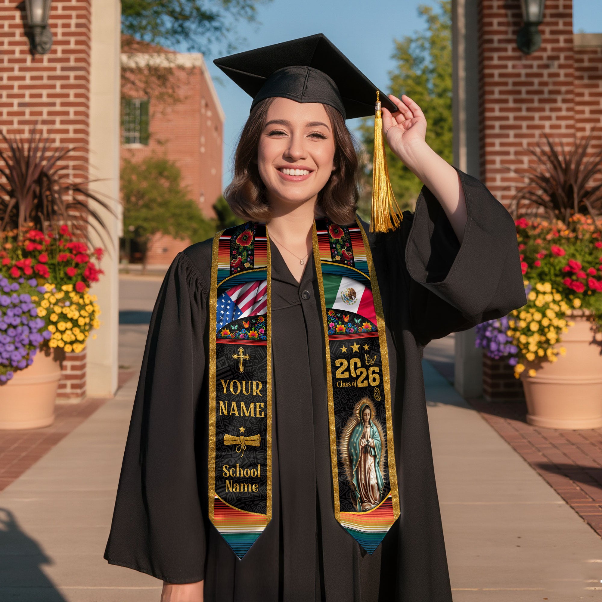 Custom Mexican Graduation Stole Mexico USA Flag Aztec Floral Virgin Mary 2026