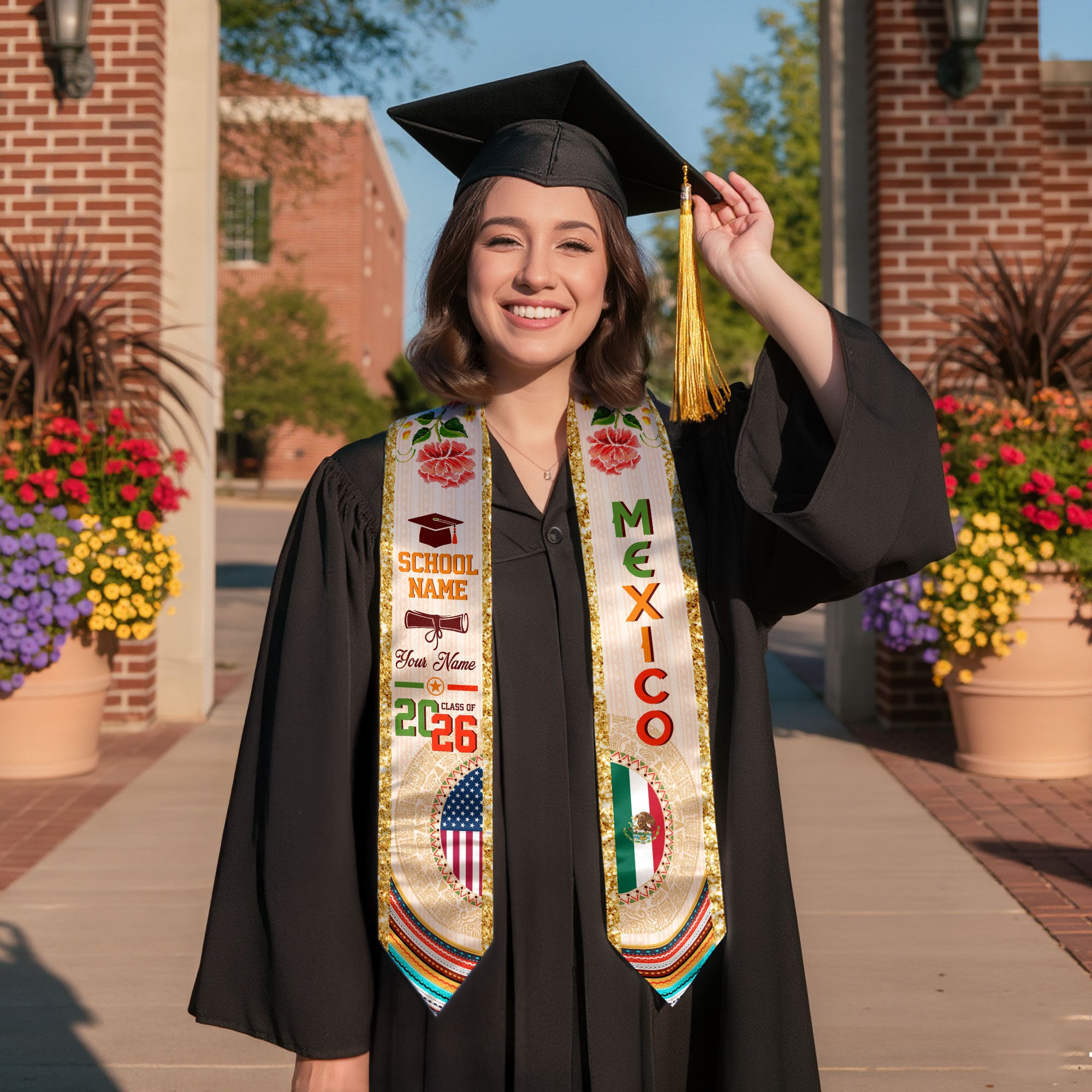 Mexican Graduation Stole Custom Name Mexico USA Flag Aztec Rose Class 2026