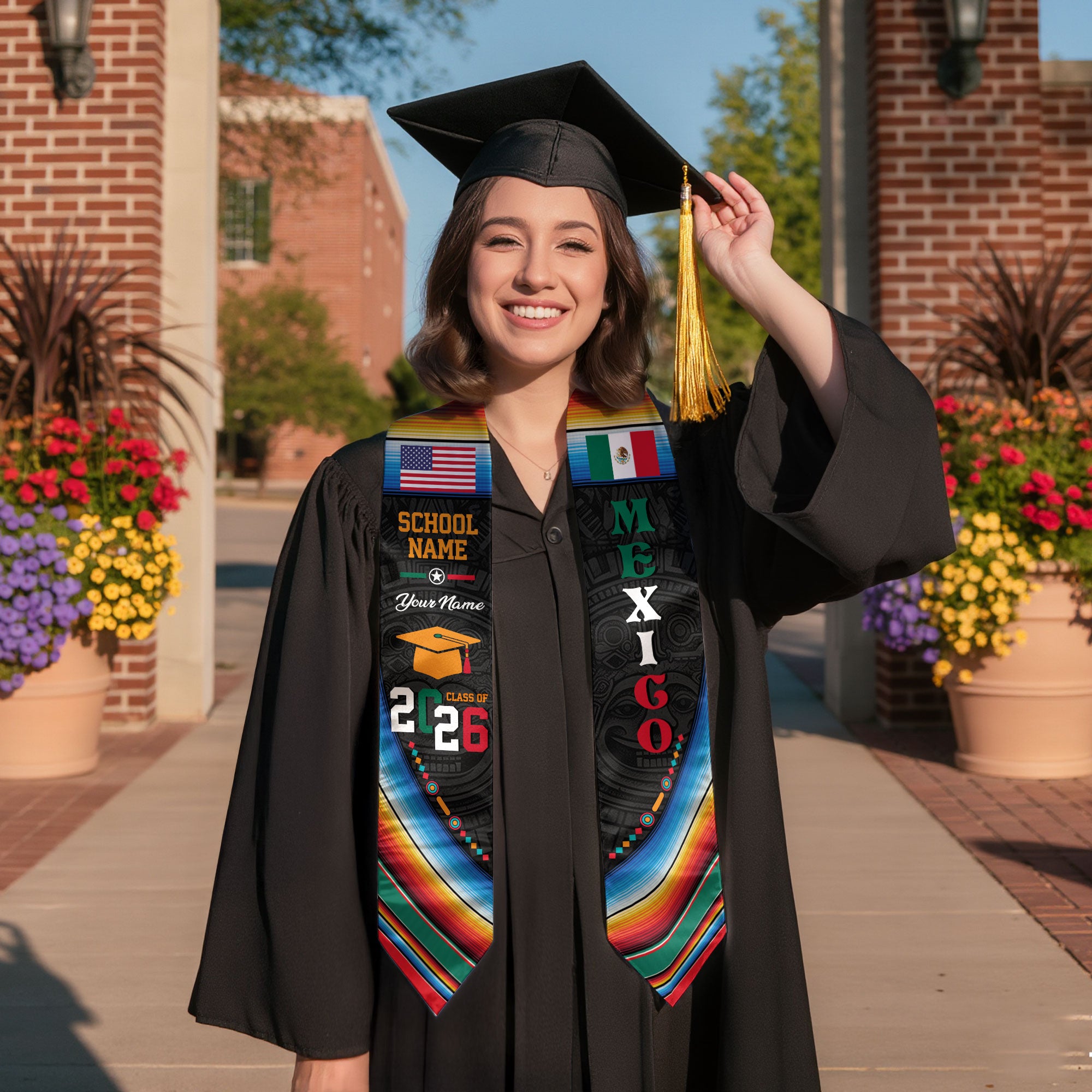 Custom Mexican Graduation Stole Mexico Sash Aztec Pattern Serape USA Flag 2026