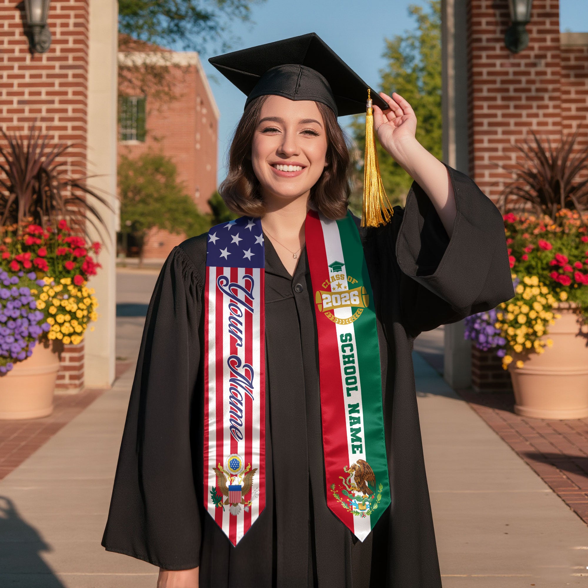 Mexican Graduation Stole Custom Name Mexico Sash USA Mexico Flag Eagle Emblem 2026