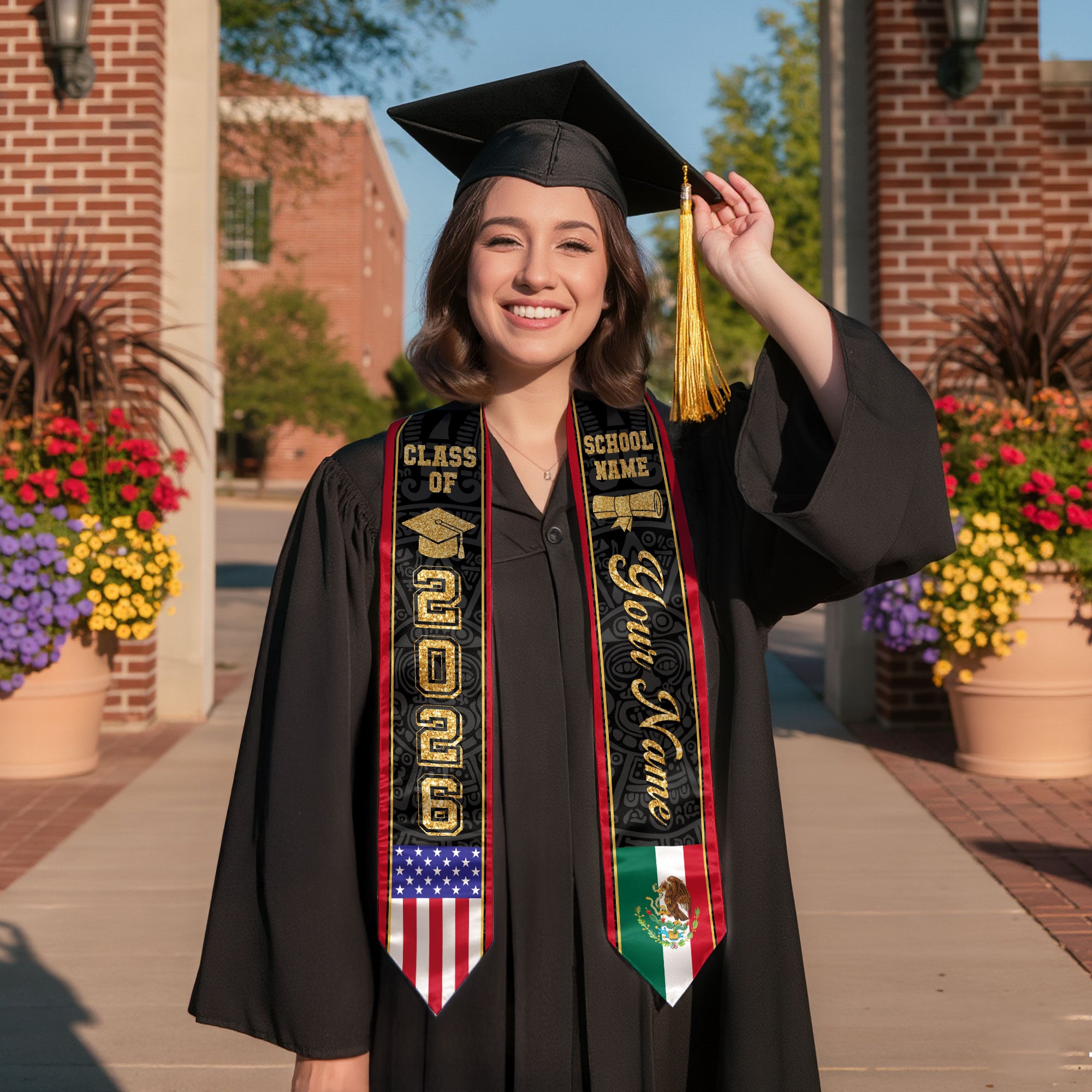 Mexican Graduation Stole Custom Name Mexico Sash Aztec Gold Glitter USA Flag 2026