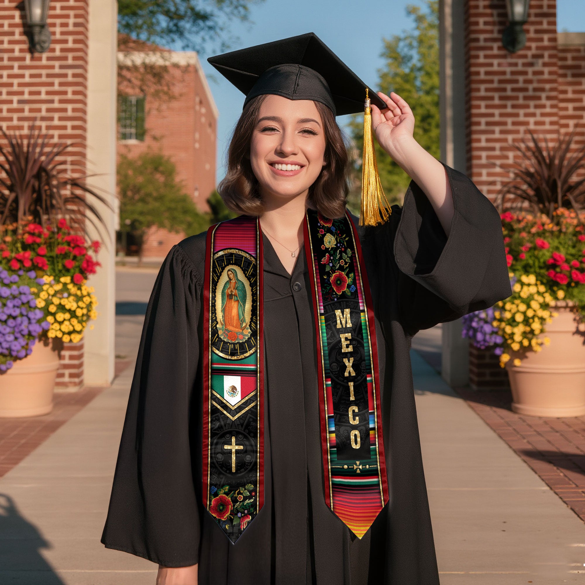 Mexican Graduation Stole Mexico Sash Aztec Virgin Mary Cross Serape Flowers