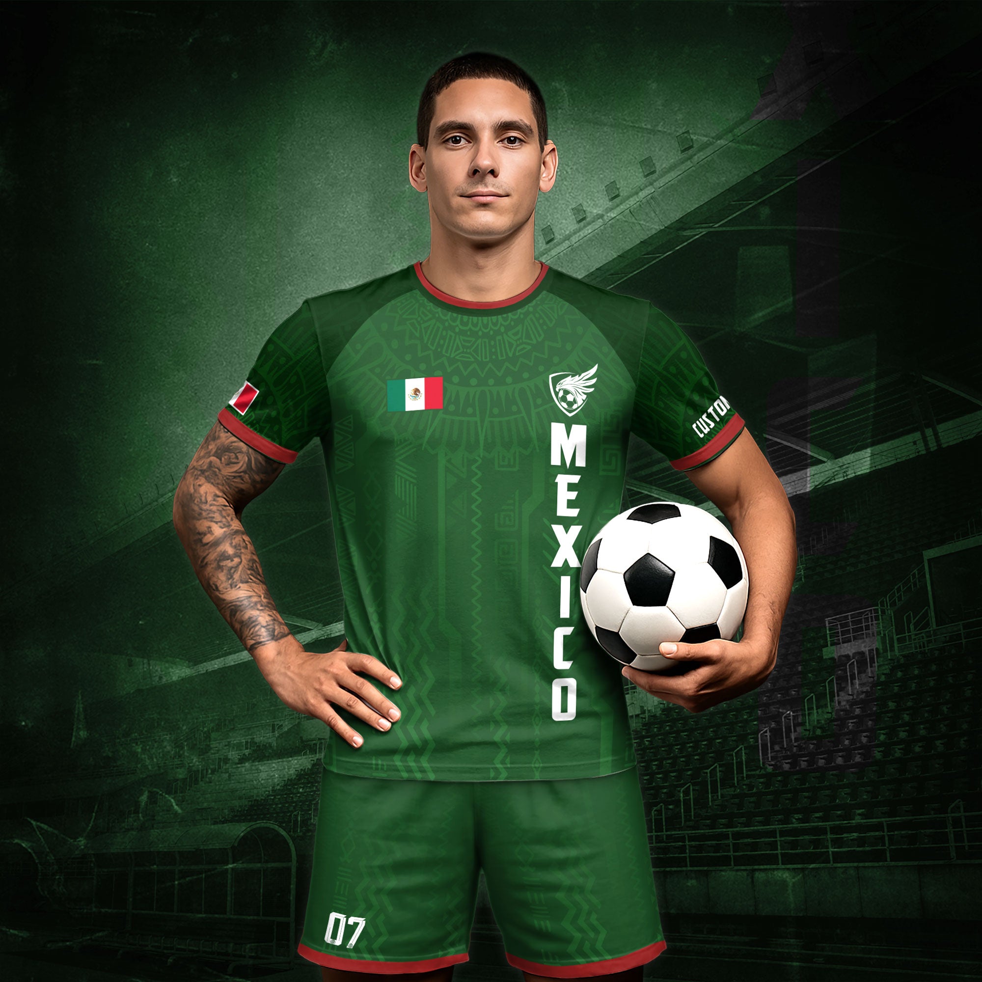 Custom Soccer Jersey Mexico Green Aztec Pattern Design