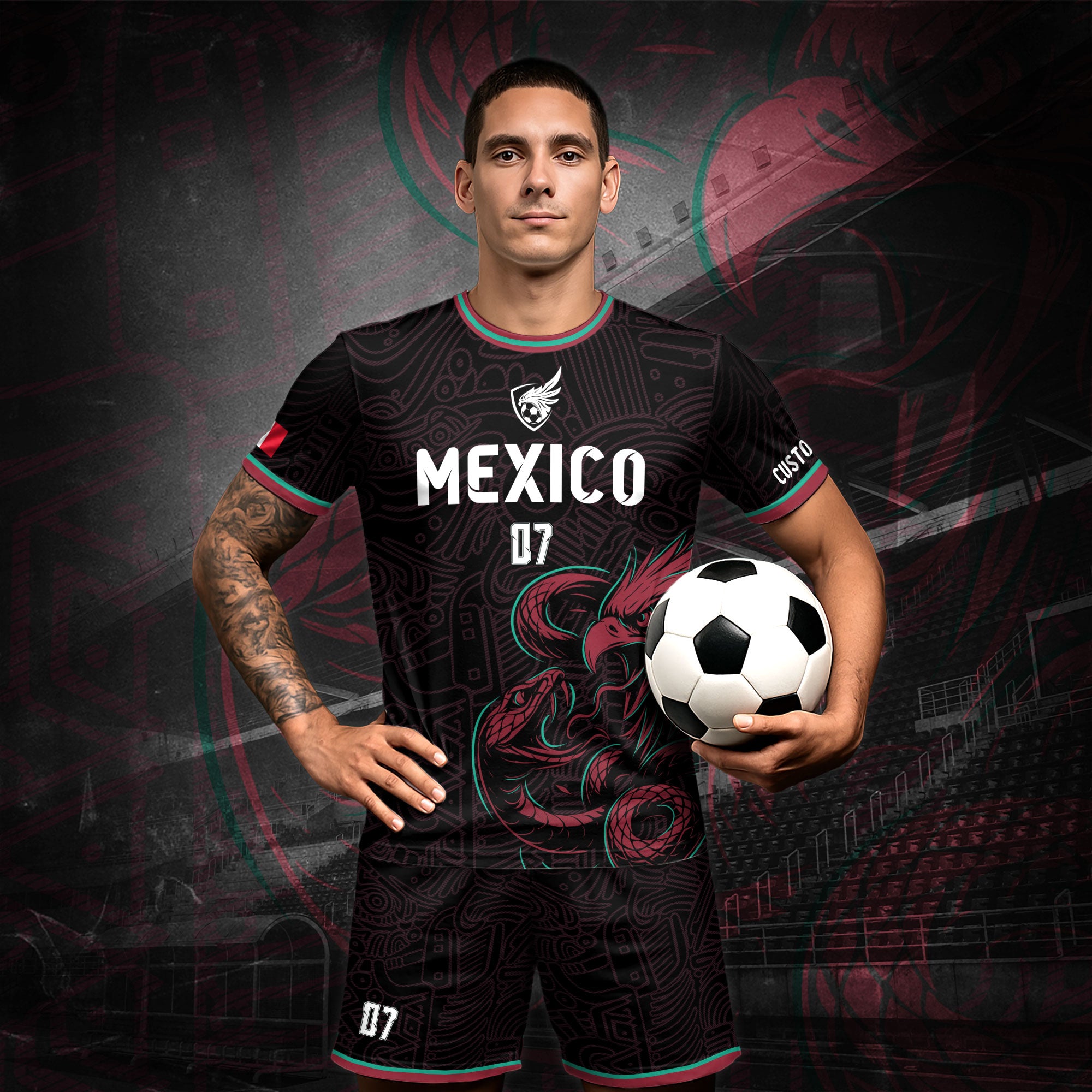 Custom Mexico Black Aztec Eagle Serpent Design Soccer Jersey