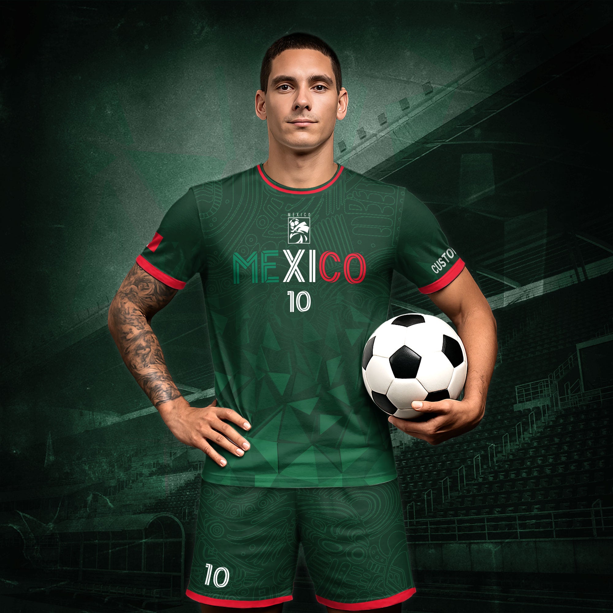 Custom Soccer Jersey Mexico Green Geometric Aztec Design