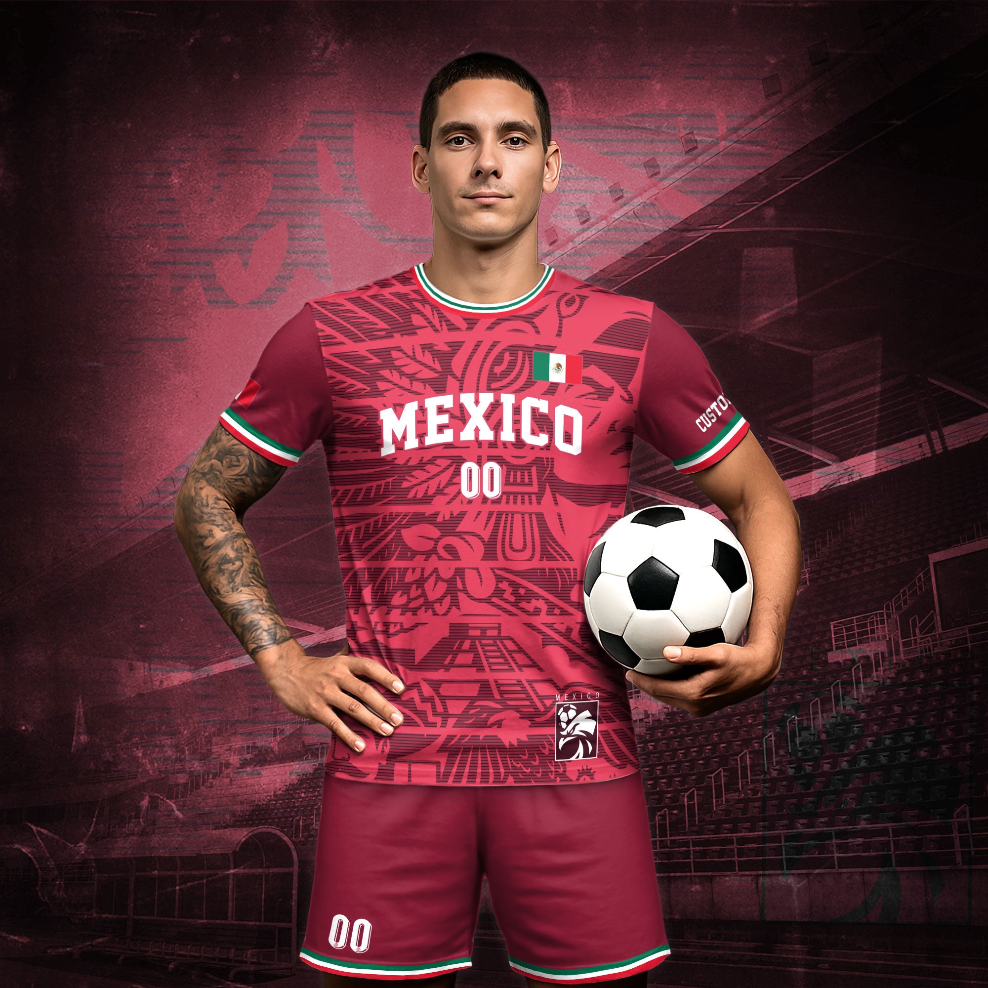 Custom Mexico Burgundy Aztec Pattern Design Soccer Jersey