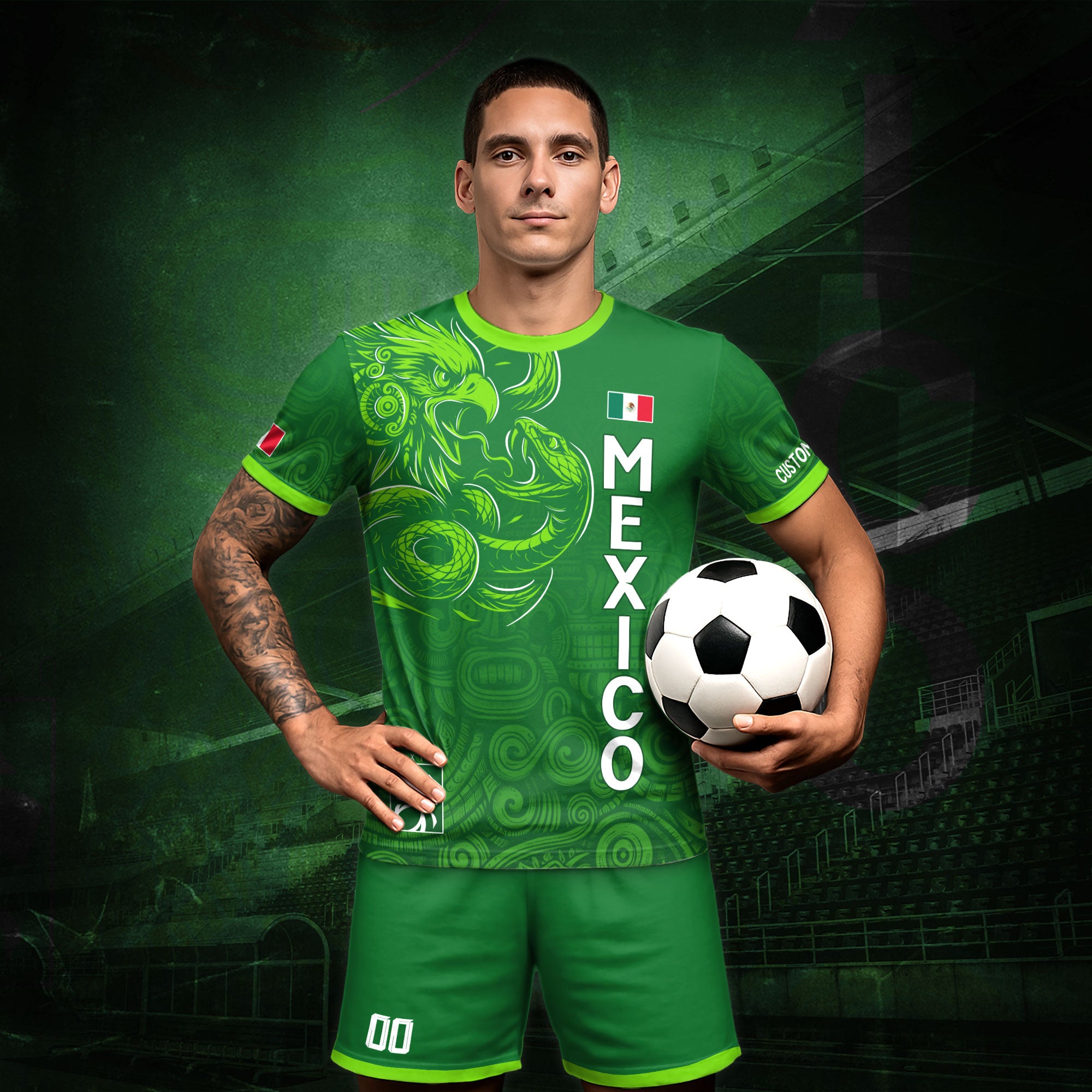Custom Soccer Jersey Mexico Green Aztec Eagle Serpent Design