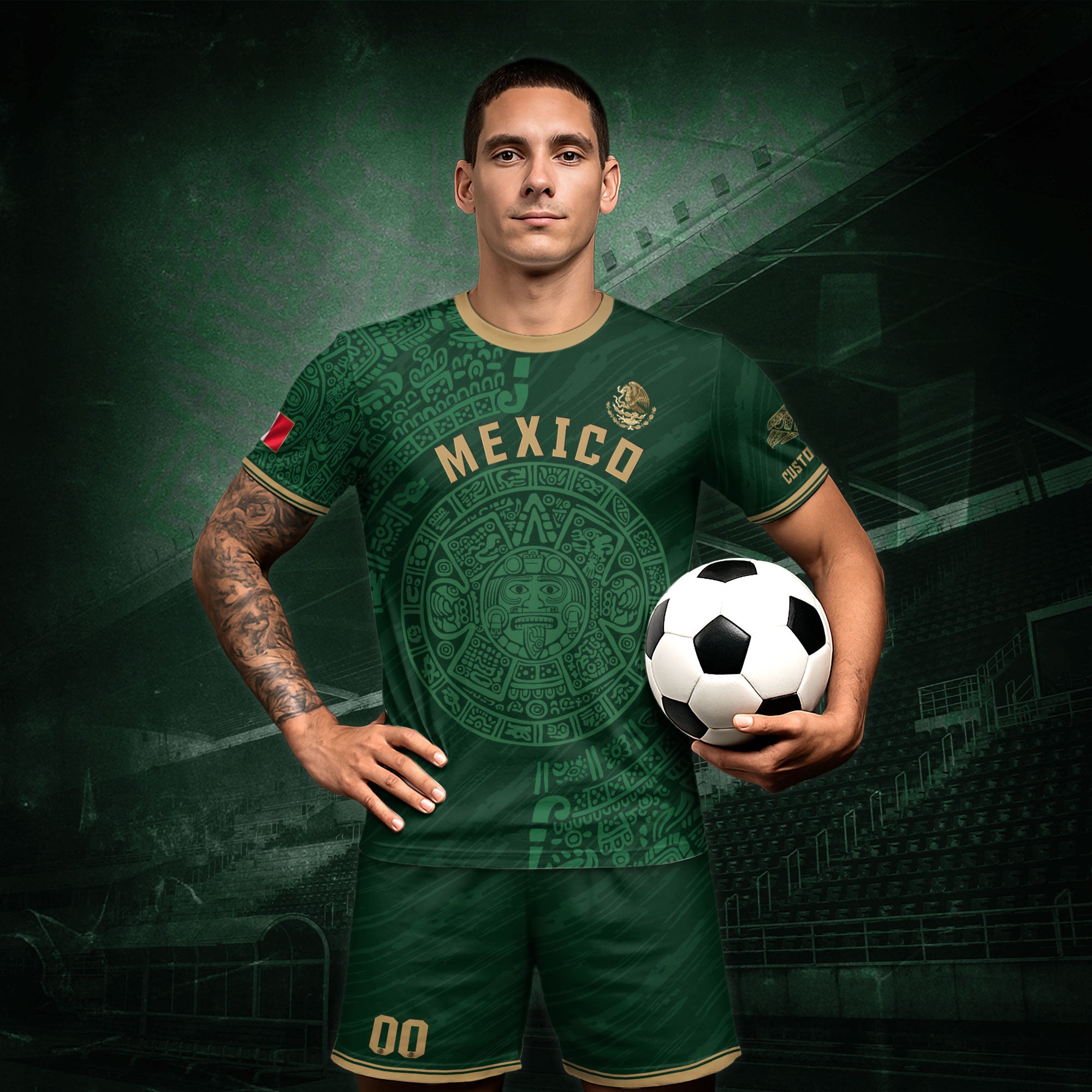 Mexico Custom Soccer Jersey – Aztec Calendar Green Edition