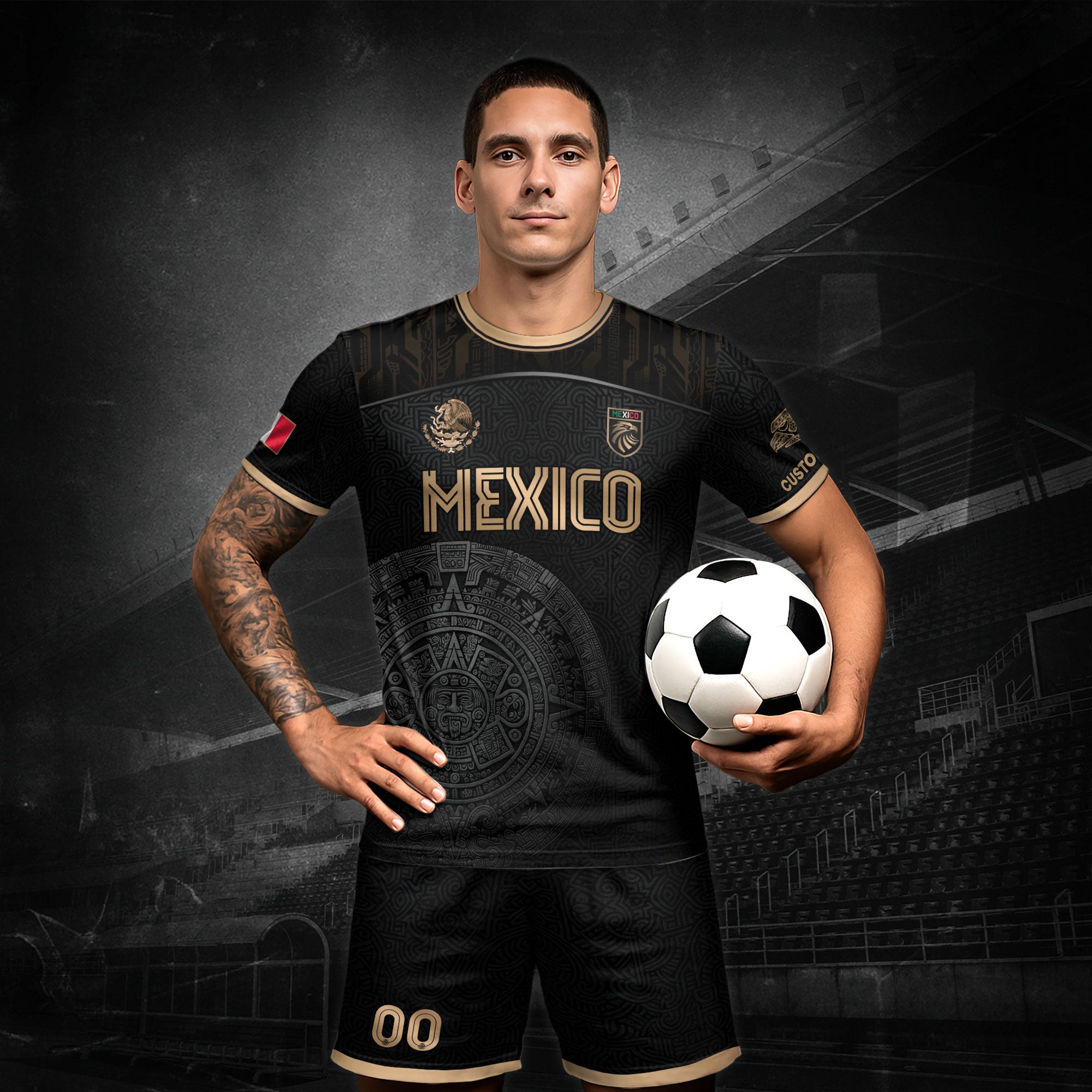 Mexico Custom Soccer Jersey Black Aztec Calendar Gold Edition