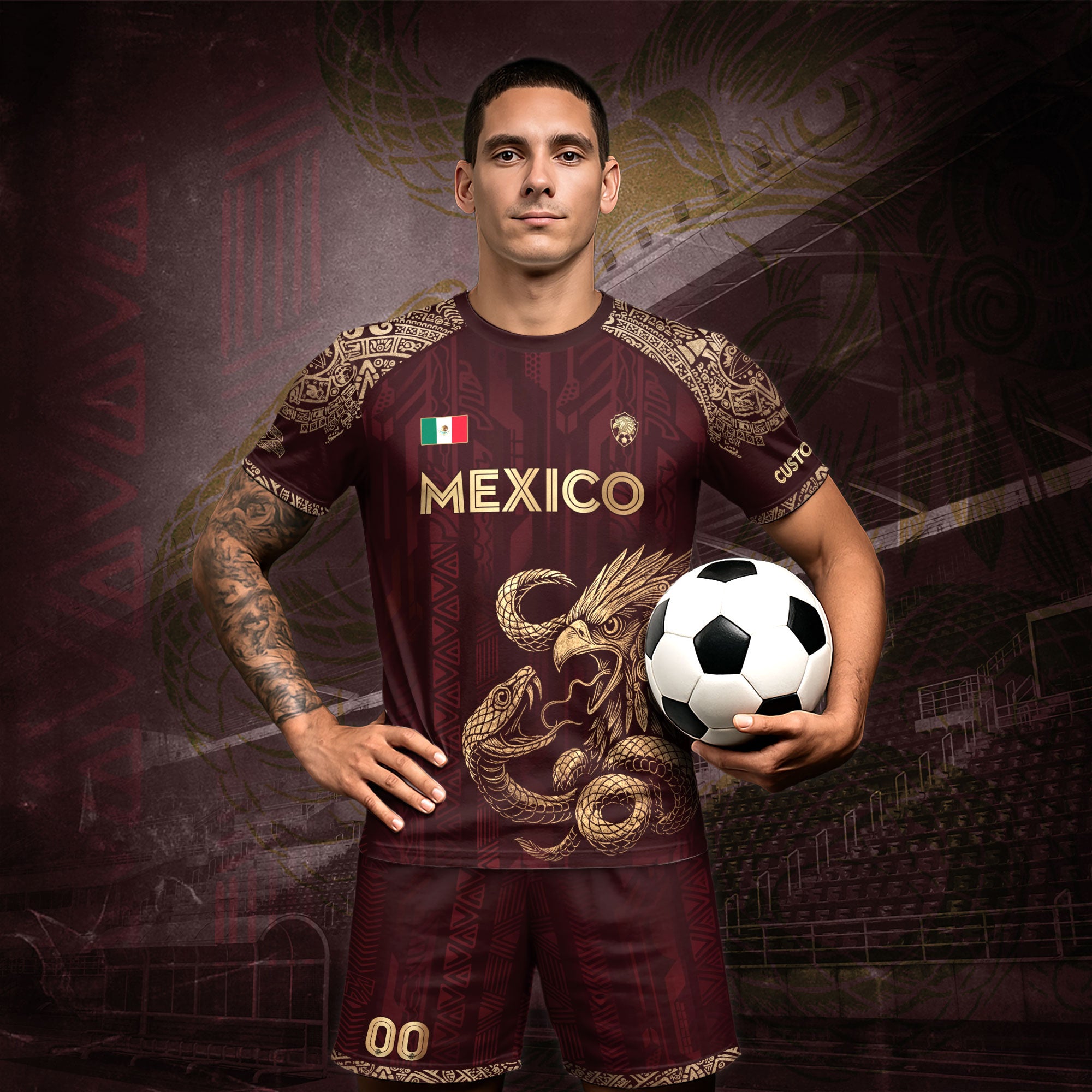 Mexico Custom Soccer Jersey Burgundy Eagle and Serpent Gold Edition