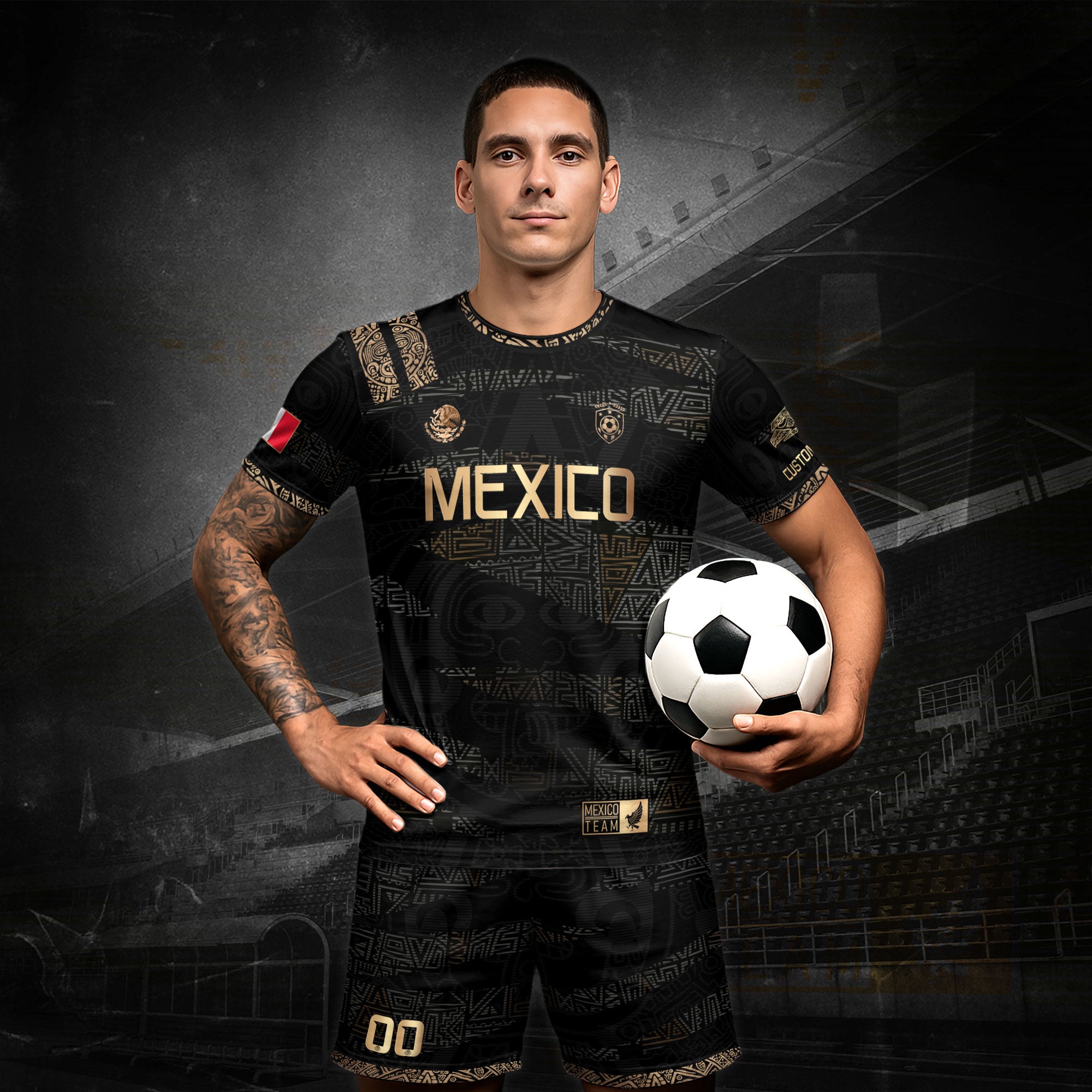 Custom Mexico Soccer Jersey and Shorts Set Black Gold Aztec