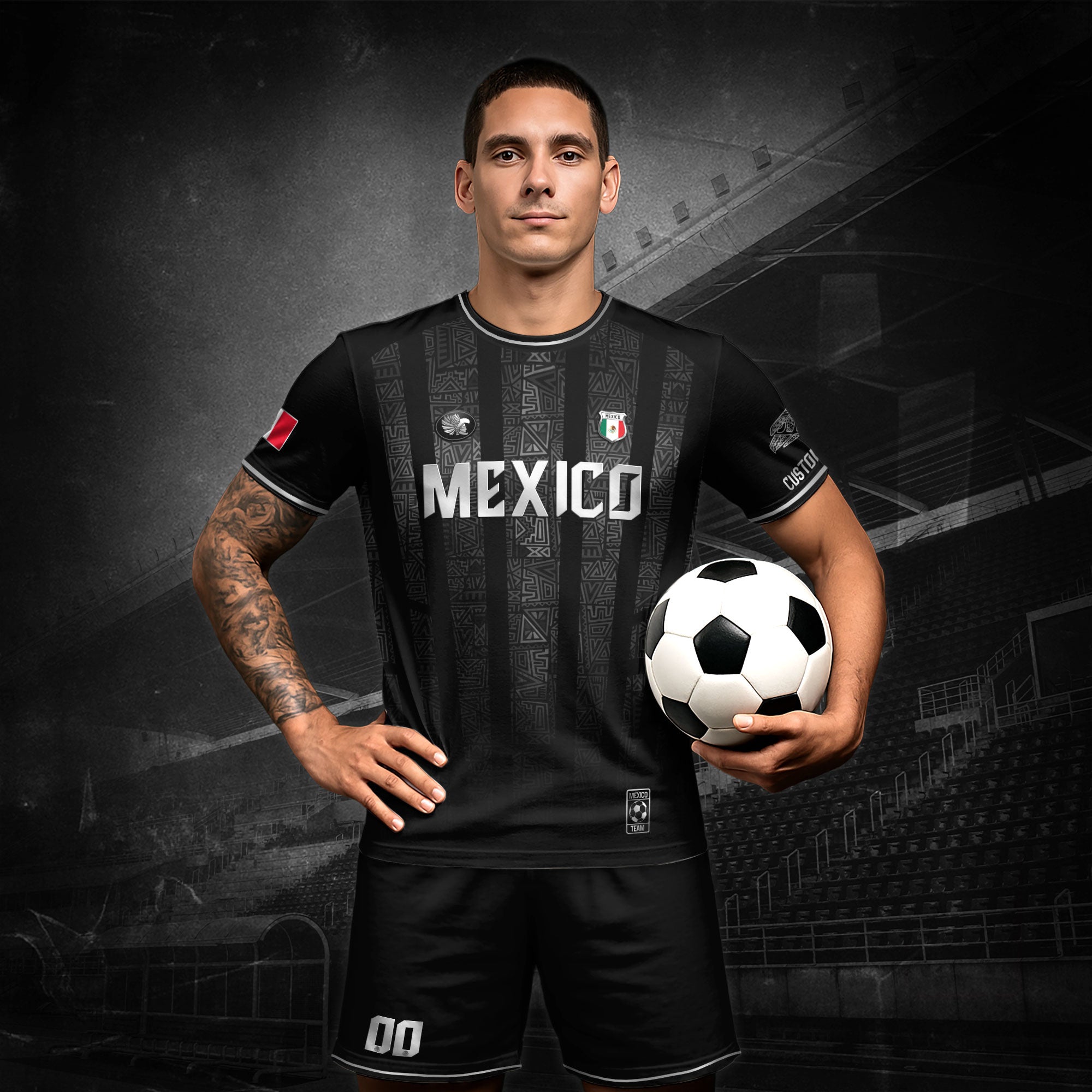 Mexico Custom Black Soccer Jersey with Silver Aztec Pattern