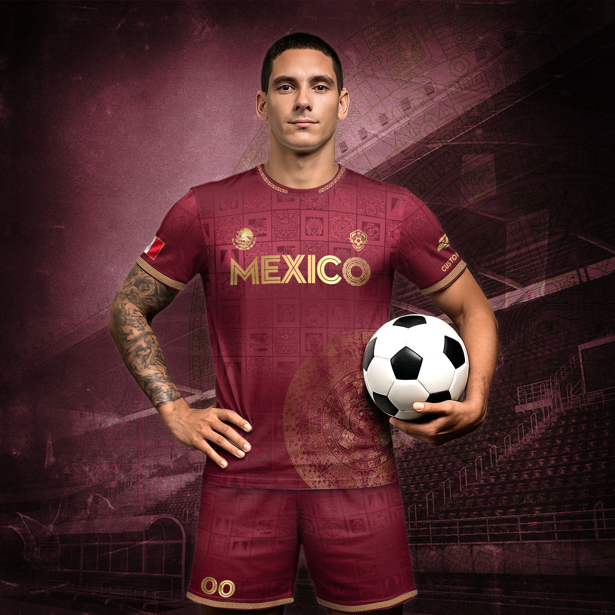 Mexico Custom Maroon with Golden Aztec Calendar Soccer Jersey