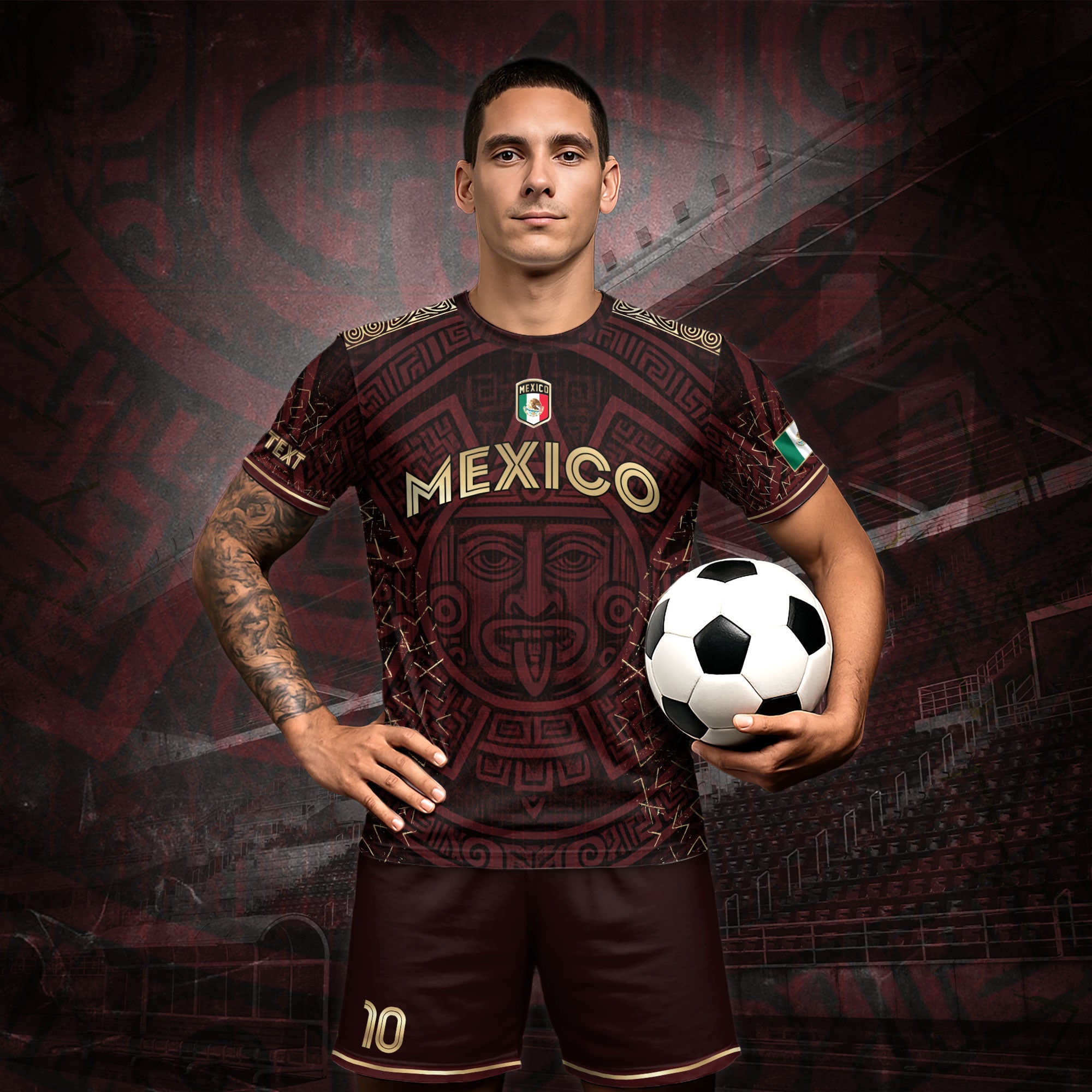 Custom Soccer Jersey Mexico Burgundy Gold Aztec Sun Design