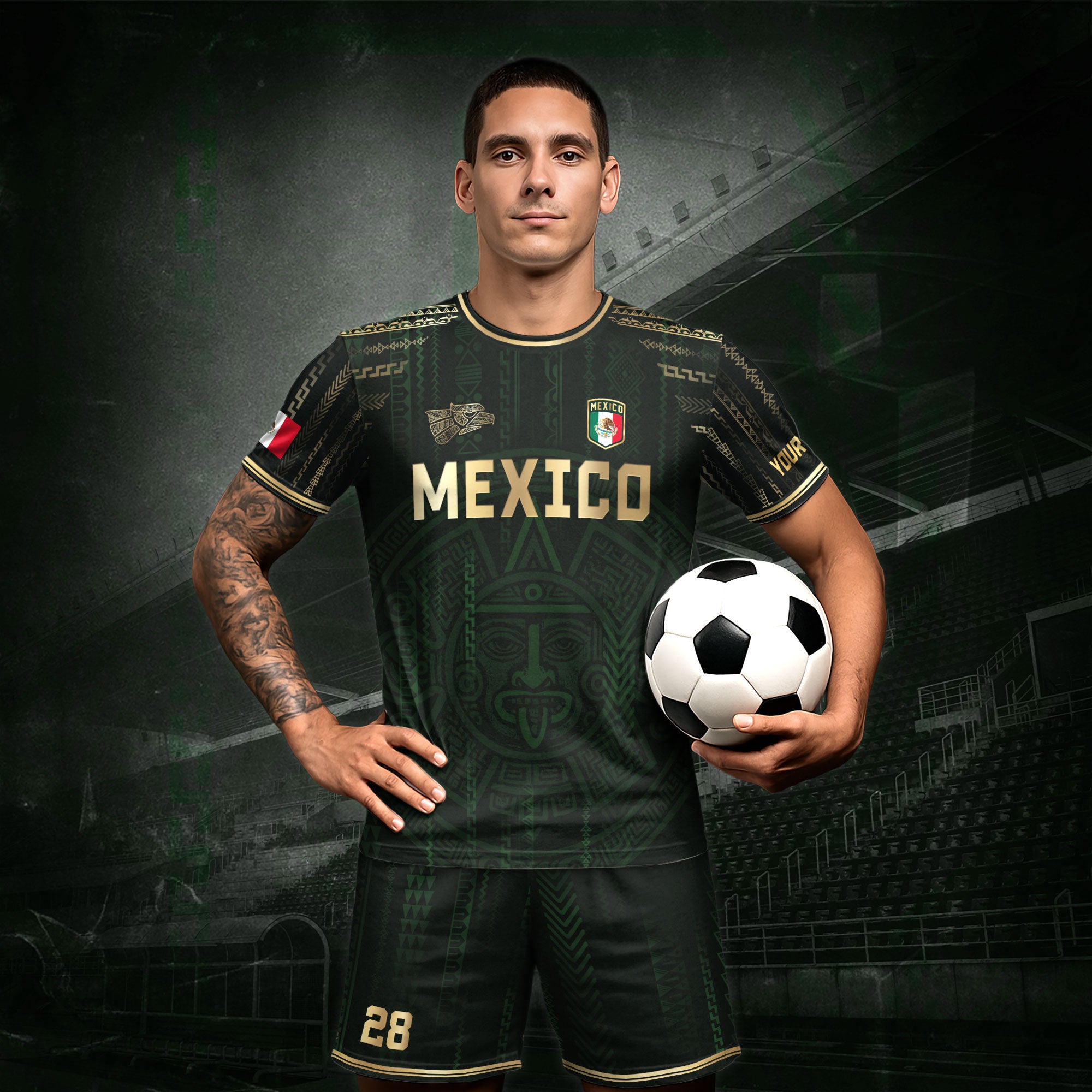 Custom Mexico Dark Green Gold Aztec Sun Design Soccer Jersey