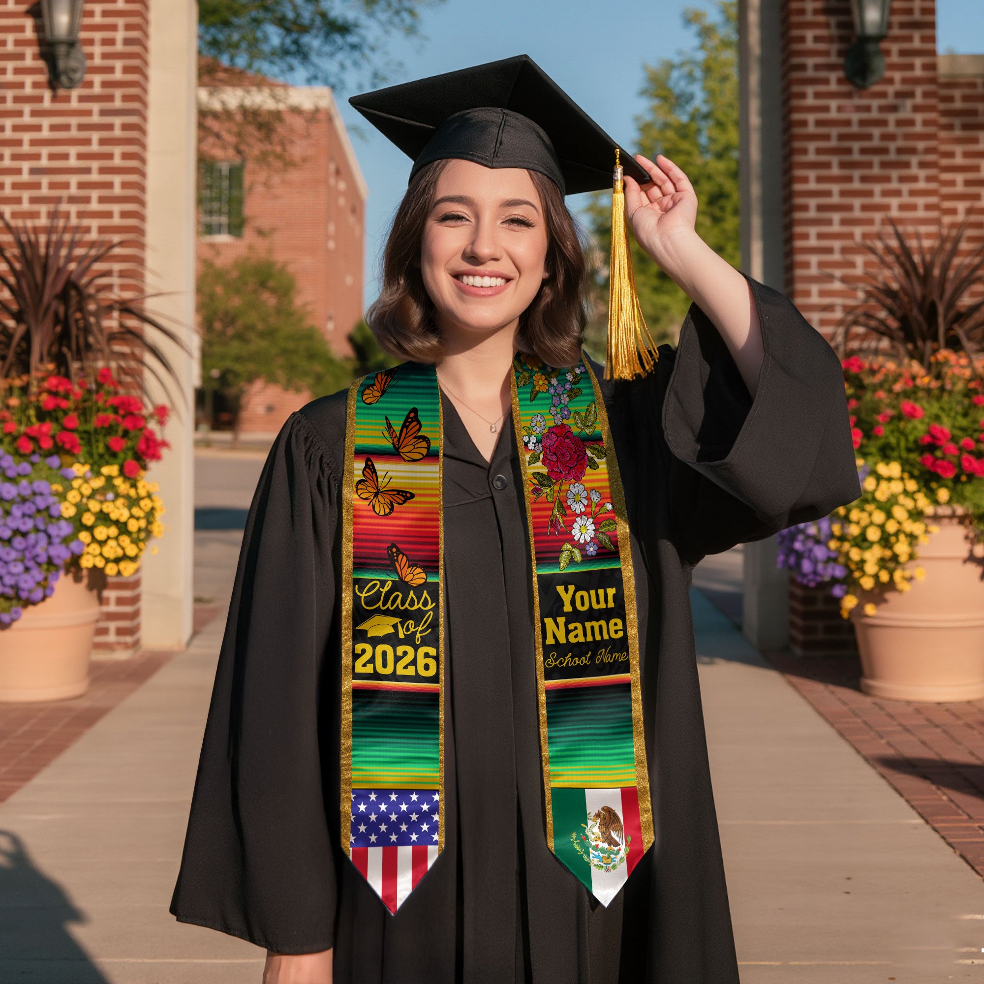 Custom Mexican Graduation Stole Mexico USA Flag Serape Butterfly Floral Class 2026