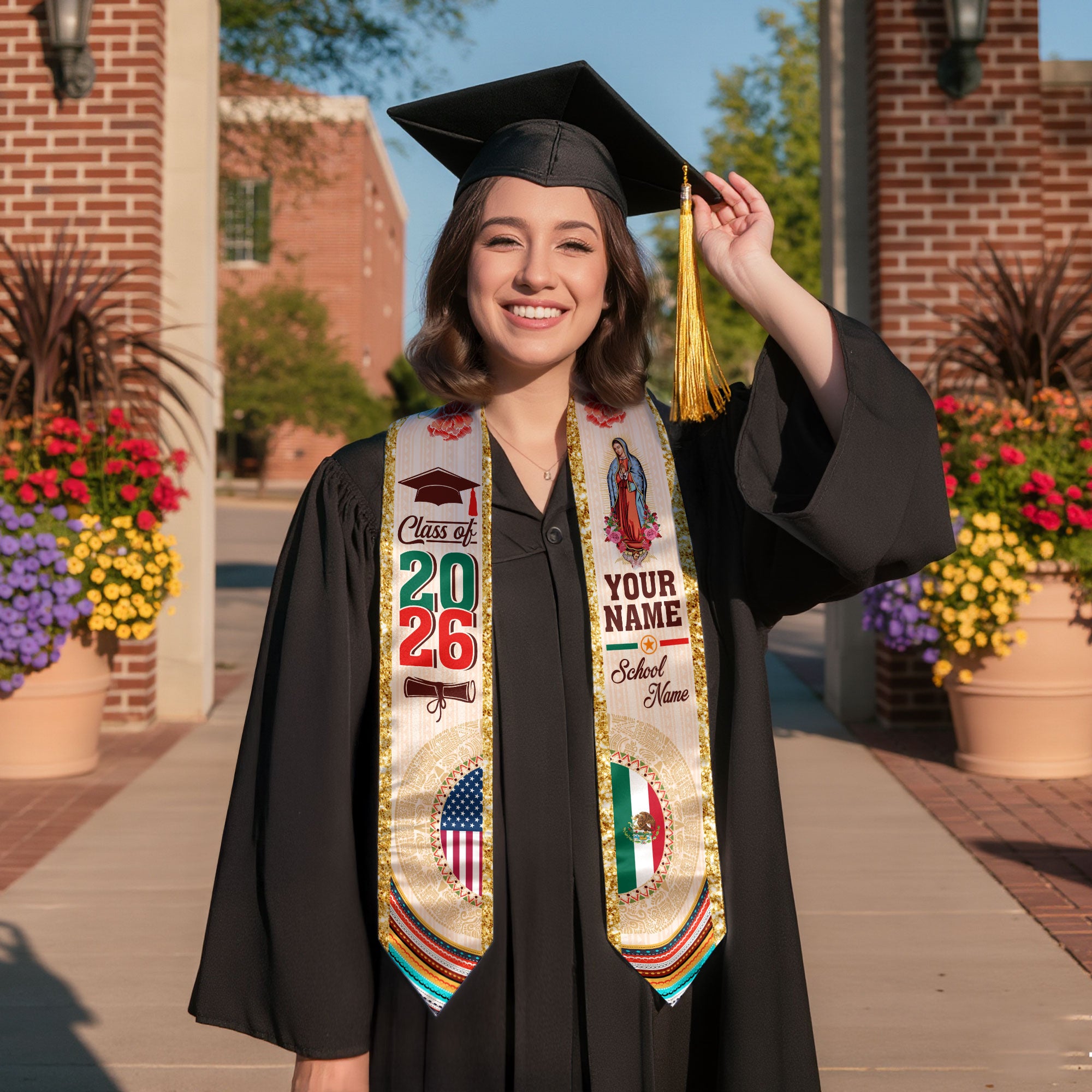 Custom Mexican Graduation Stole Aztec Calendar Virgin Mary USA Mexico Flag 2026