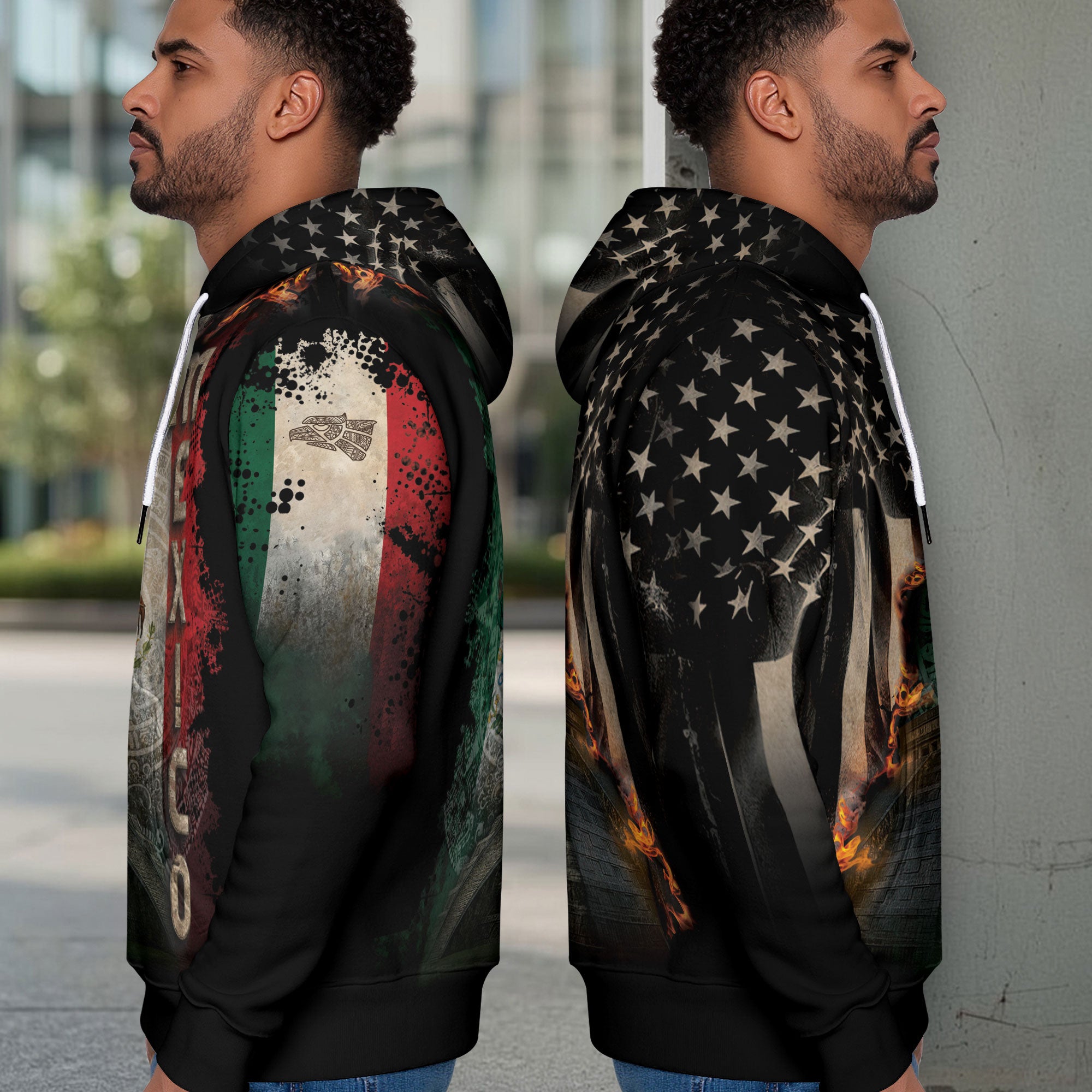 Mexico USA Flag Aztec Pyramid Heritage Unity Warrior Hoodie