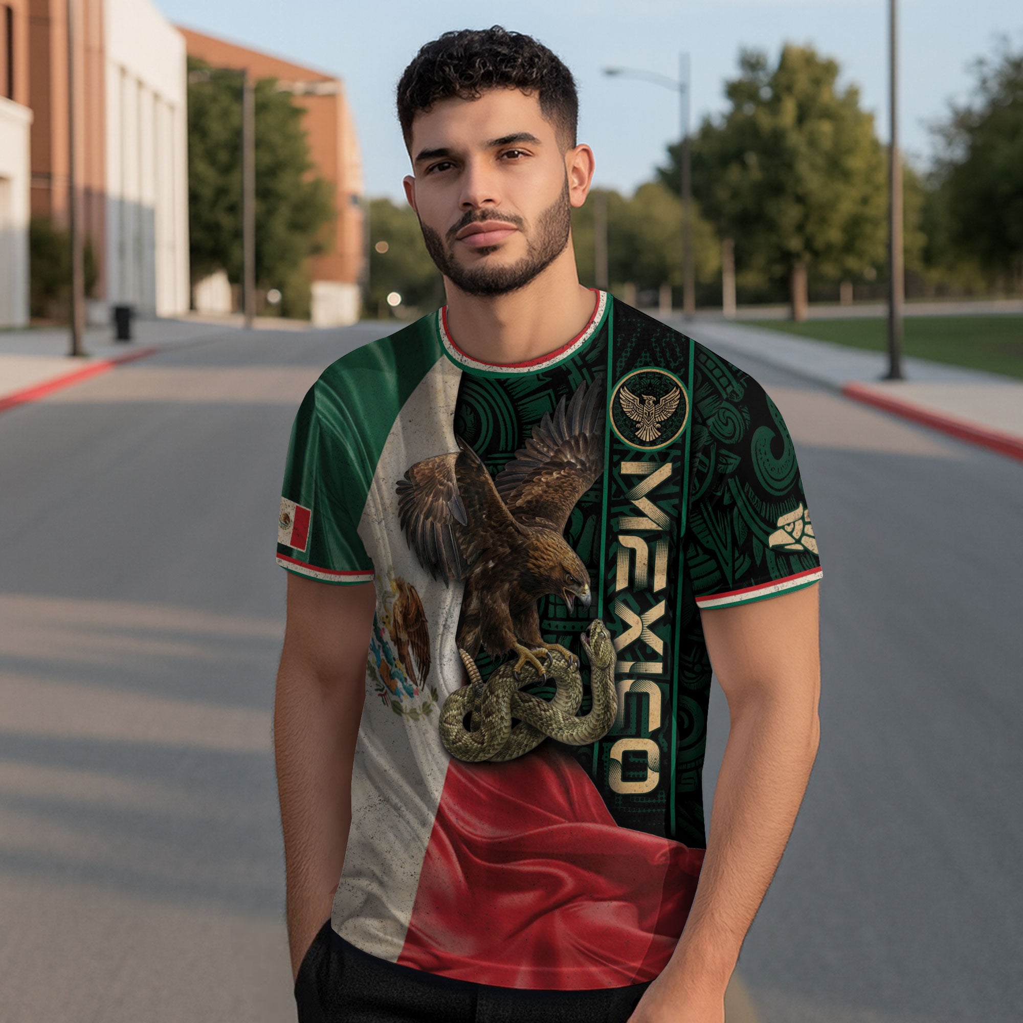 Camiseta de identidad con la bandera de México, águila, serpiente, herencia azteca, orgullo nacional