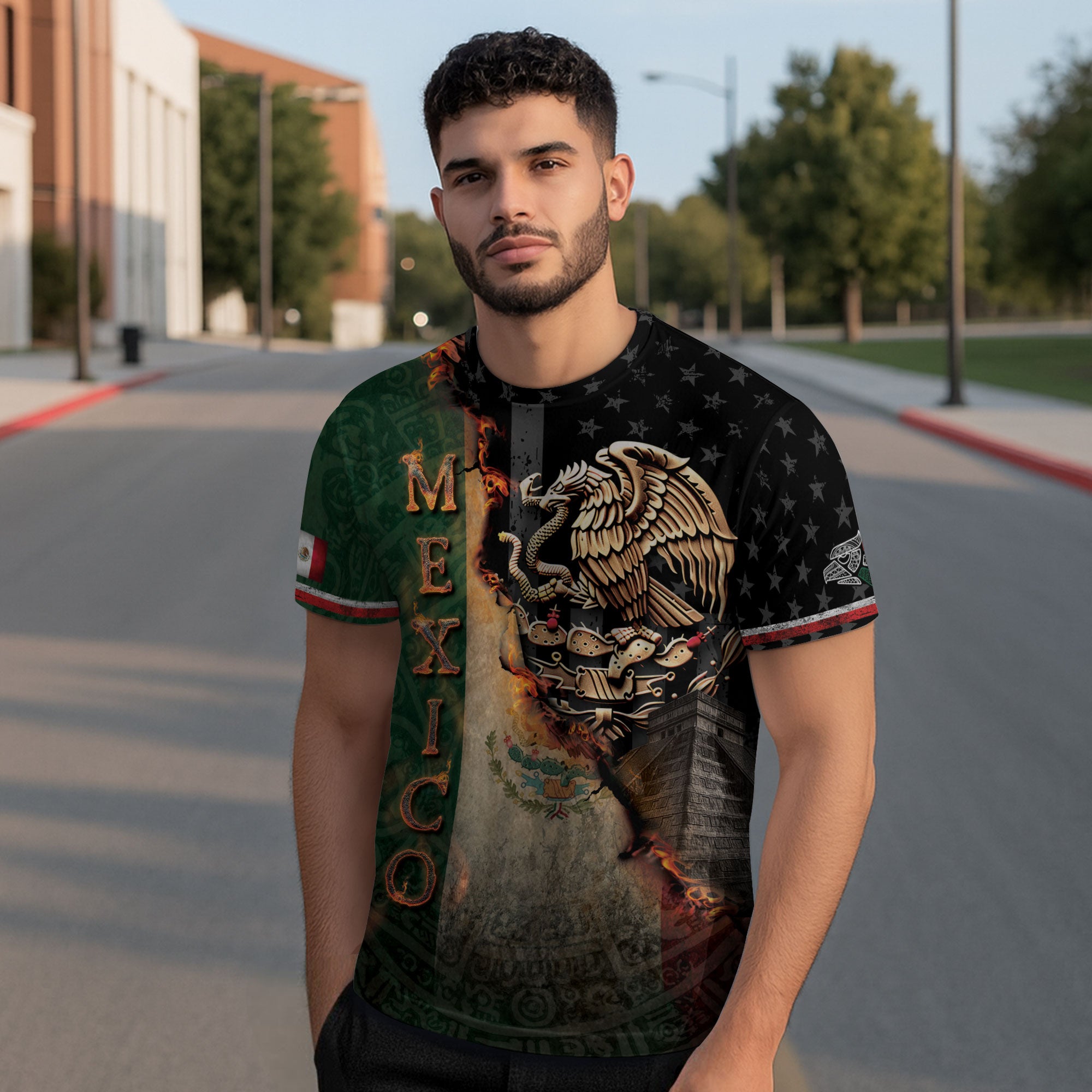 Mexico Flag Golden Eagle Fire Aztec Pyramid Heritage Power Pride Shirt