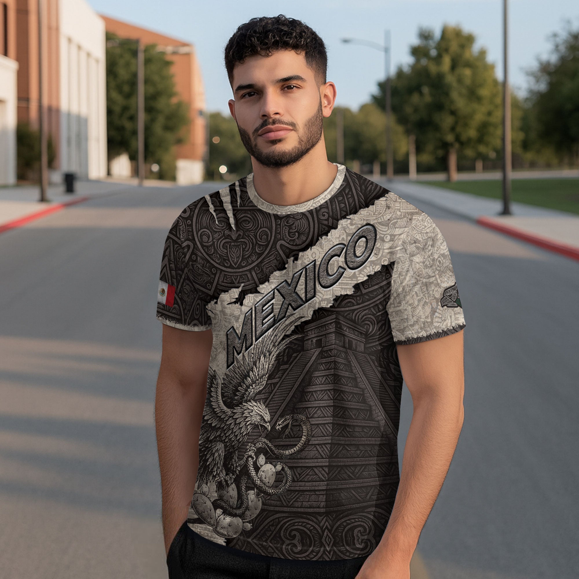 Aztec Pyramid and Eagle Stone Texture Mexico Heritage Shirt