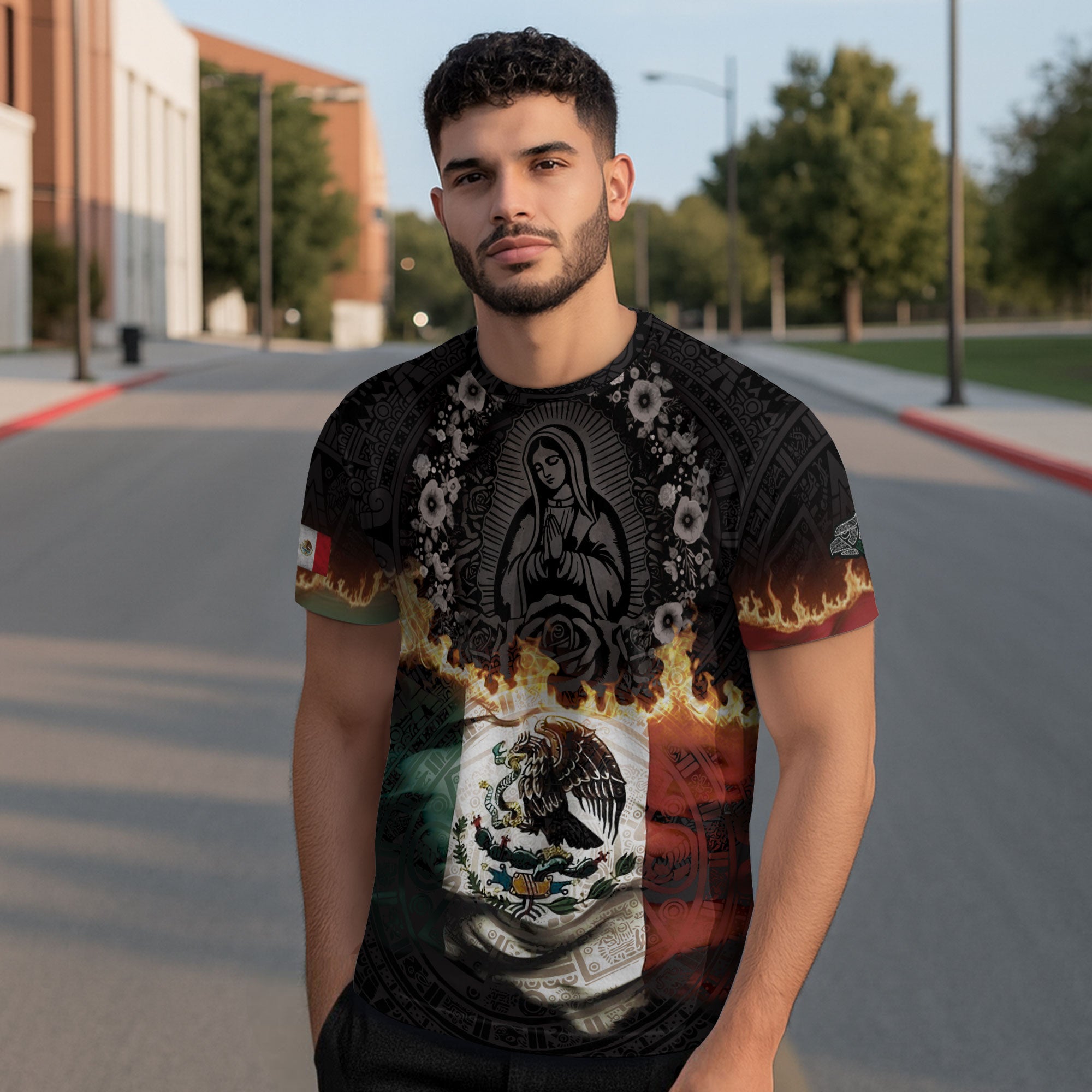 Virgin of Guadalupe Flame Mexico Flag Aztec Heritage Shirt