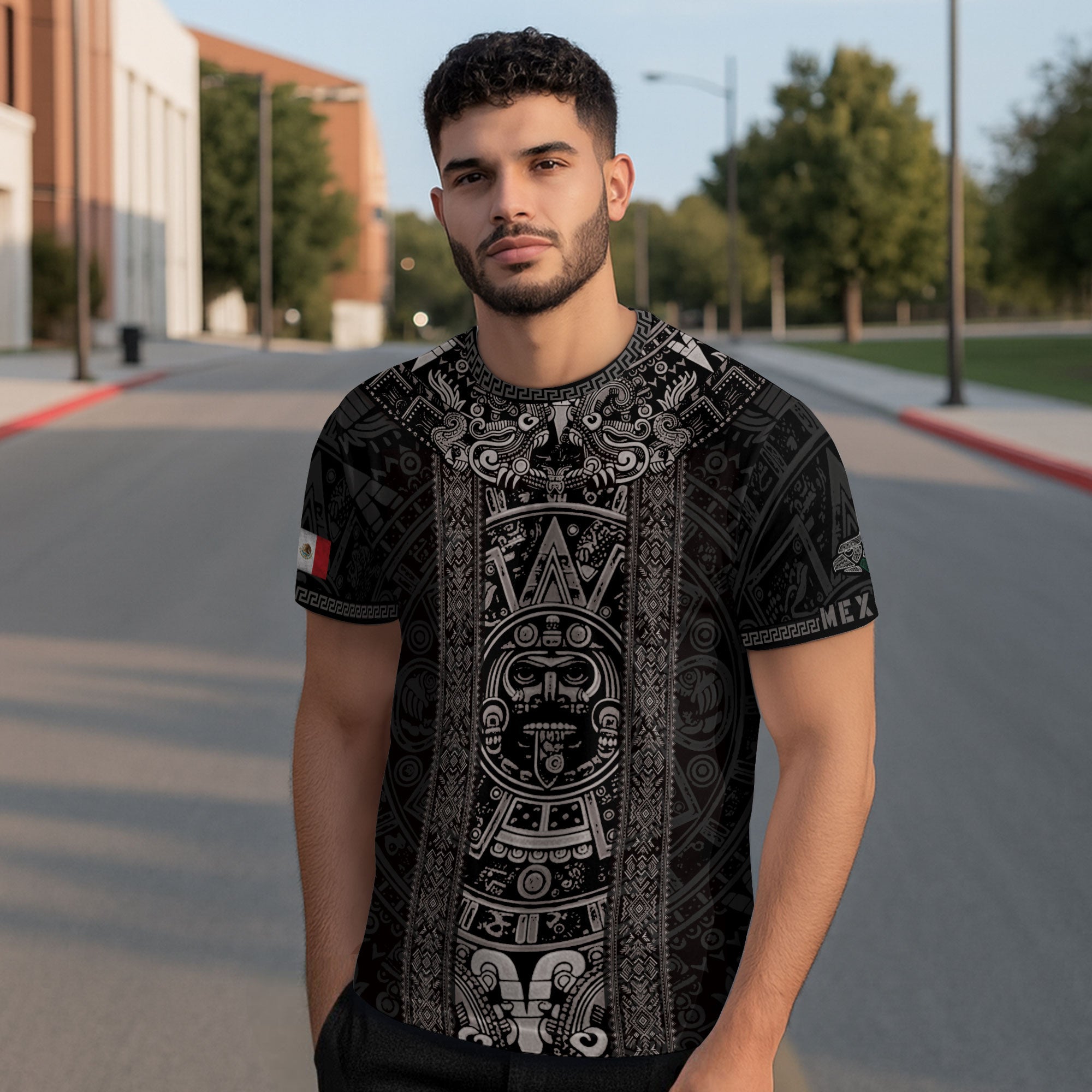 Aztec Sun Stone Black Pattern Mexico Heritage Shirt