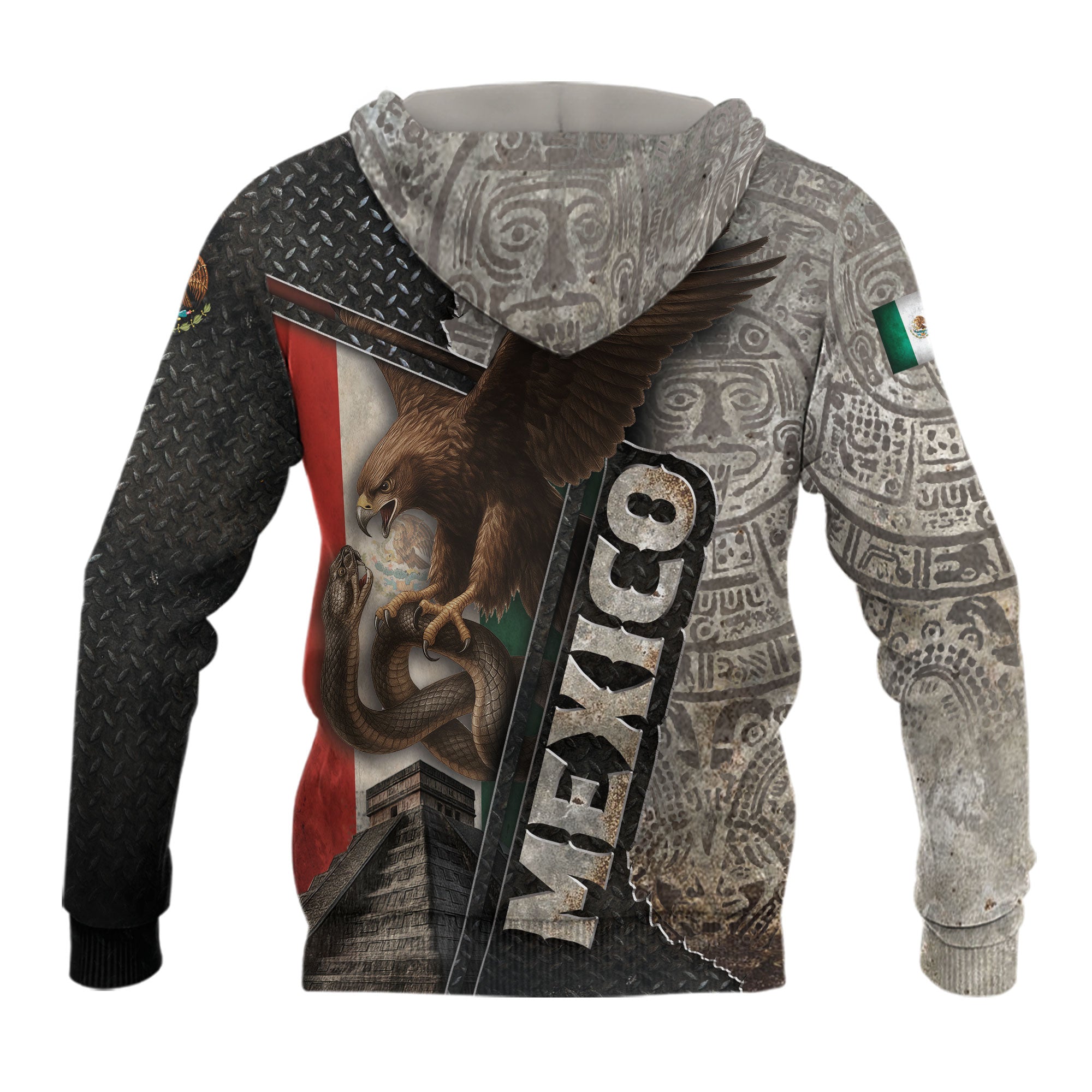 Mexico Flag Eagle Serpent Aztec Pyramid Stone Steel Heritage Warrior Pride Hoodie