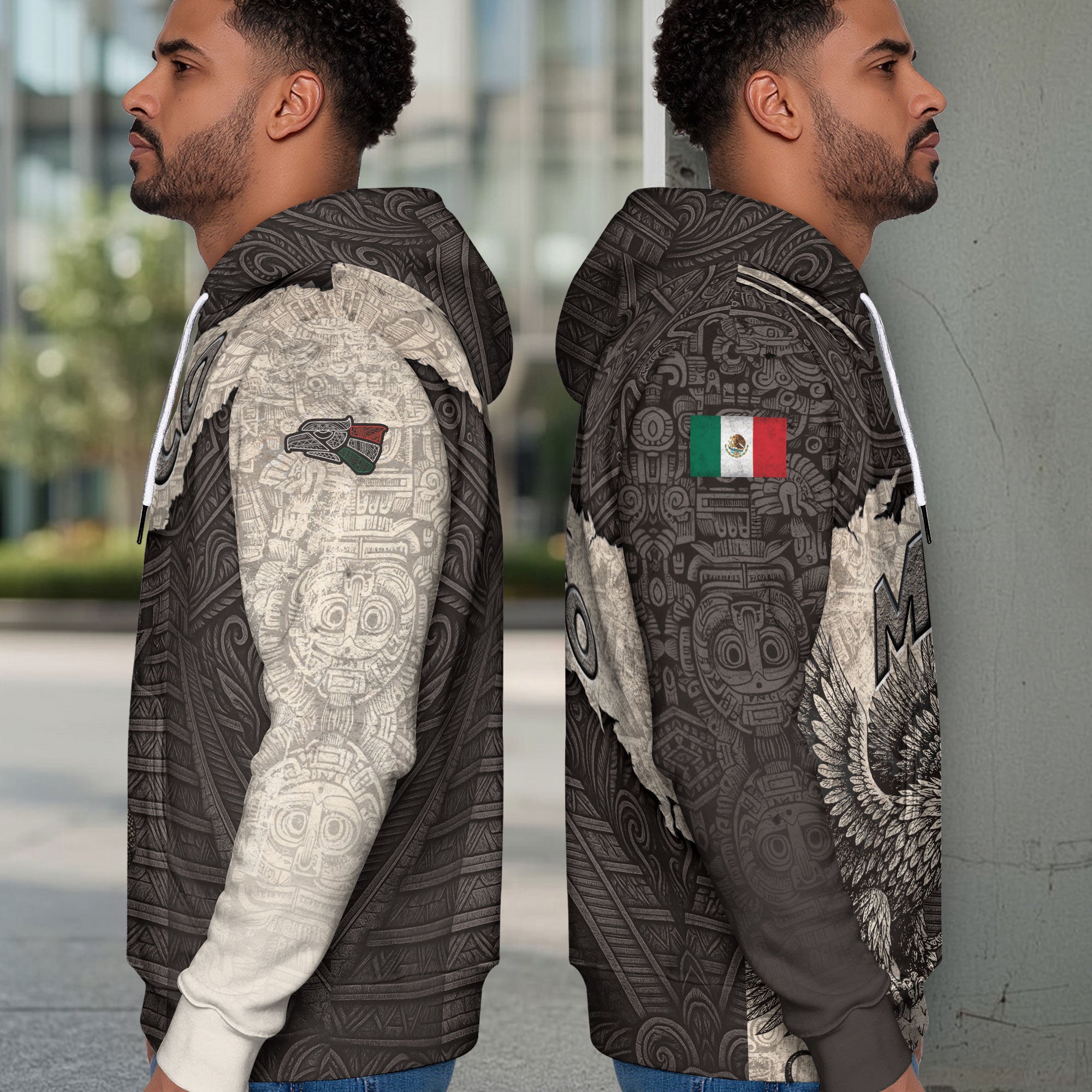 Mexico Aztec Pyramid Eagle Serpent Heritage Stone Pattern Warrior Pride Hoodie