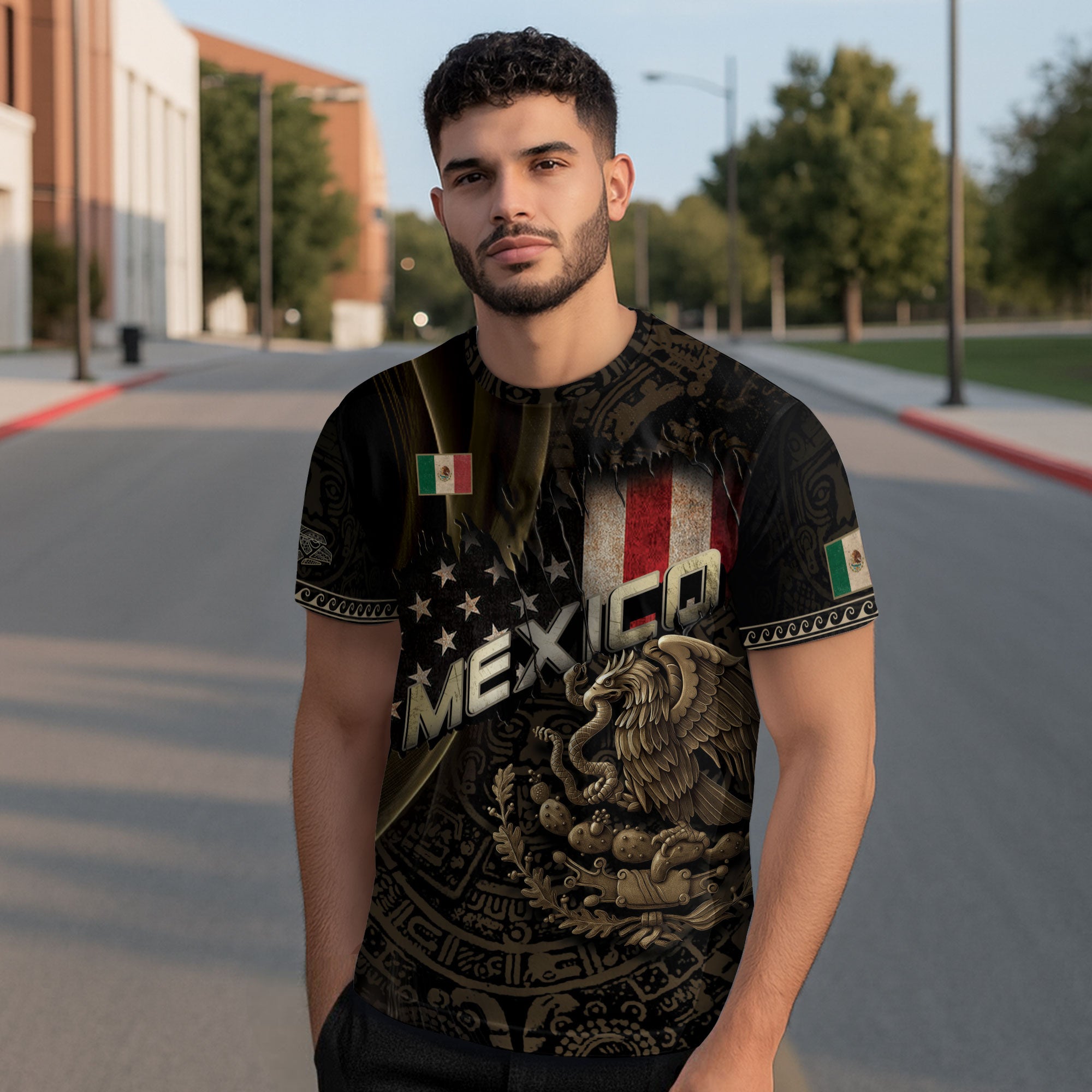Mexico USA Flag Golden Eagle Aztec Pattern Heritage Unity Pride Power Shirt