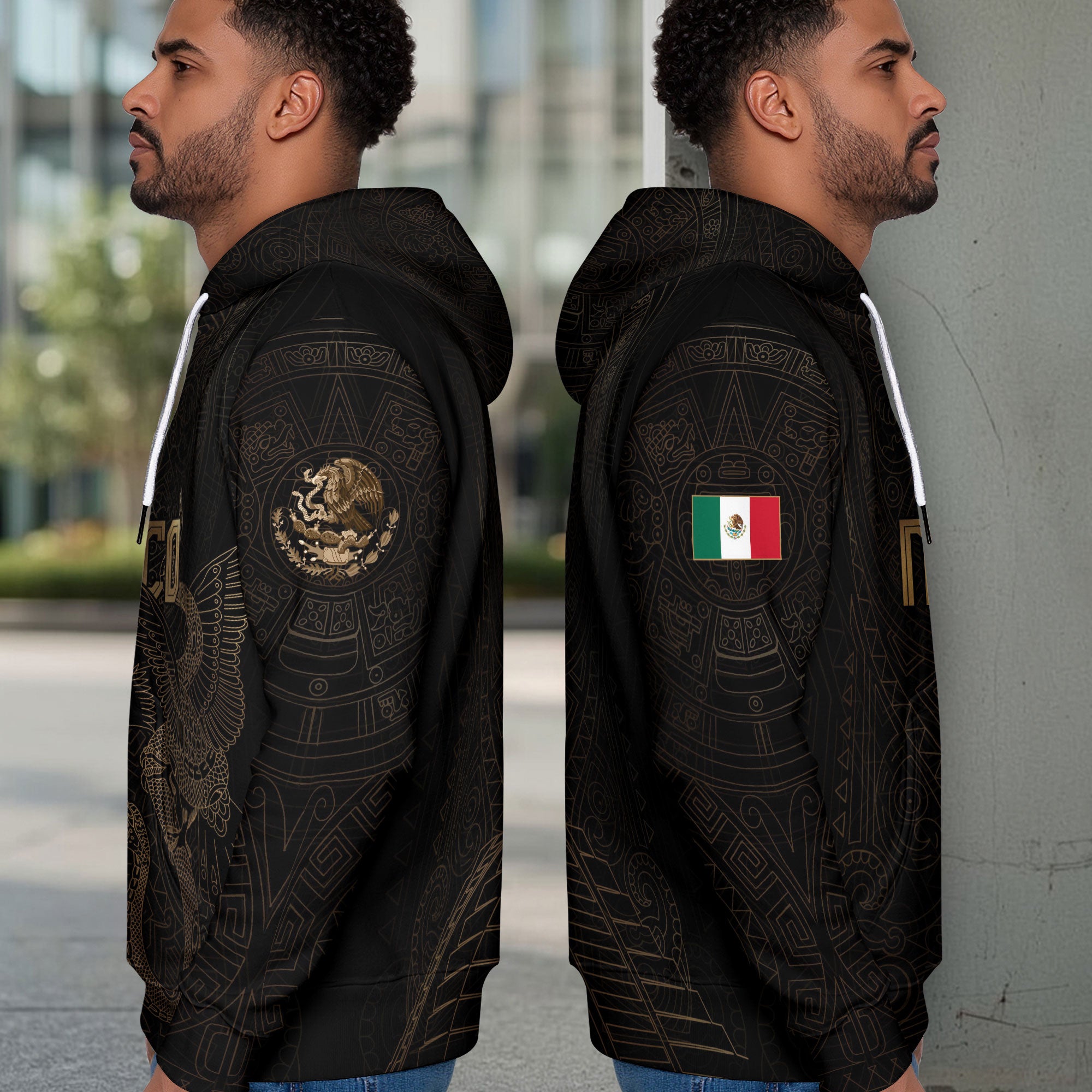Mexican Gold Eagle Snake National Seal Aztec Calendar Mens Sudadera De Mexico Hoodie