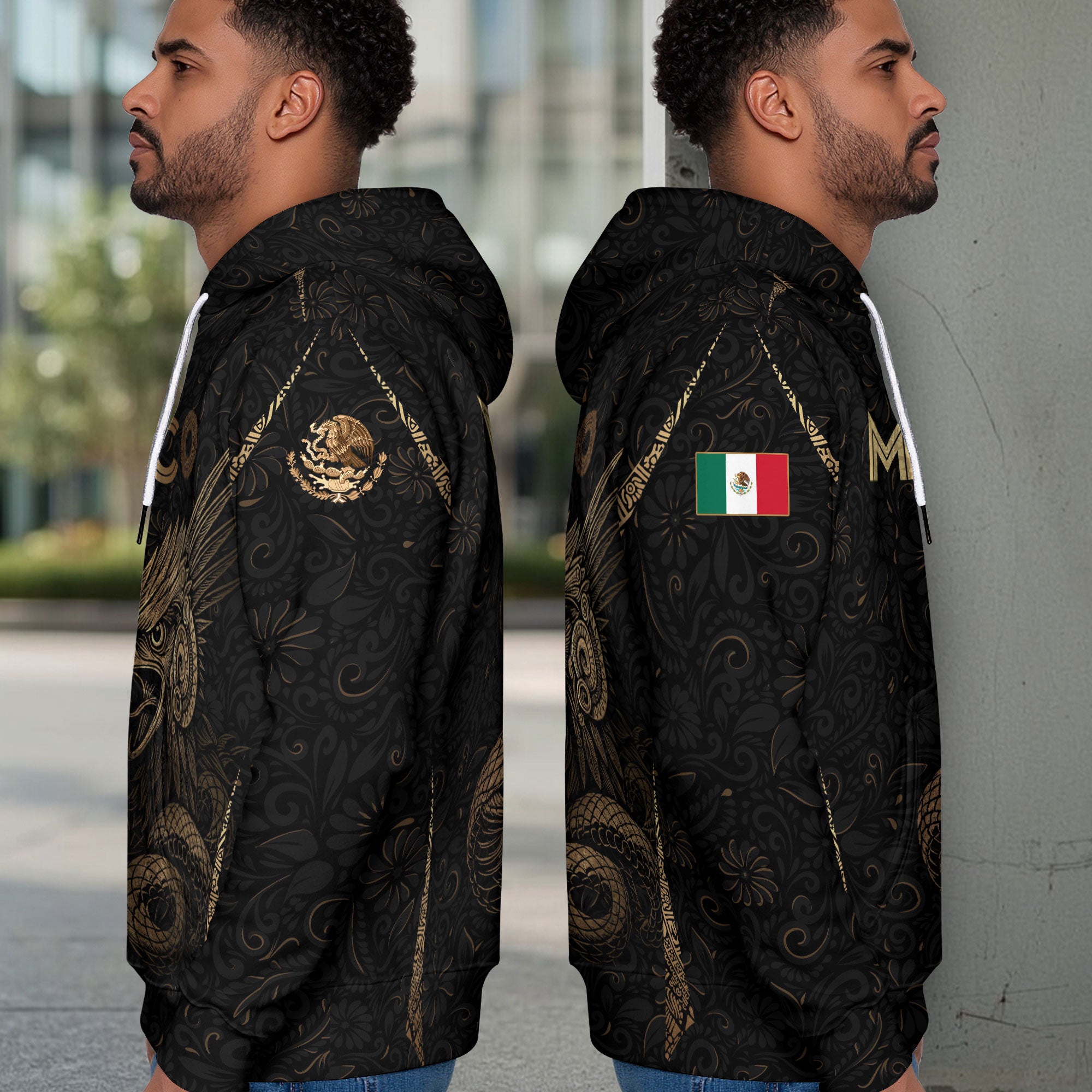 Mexican Gold Eagle Snake Floral Pattern Mens Sudadera De Mexico Heritage Hoodie